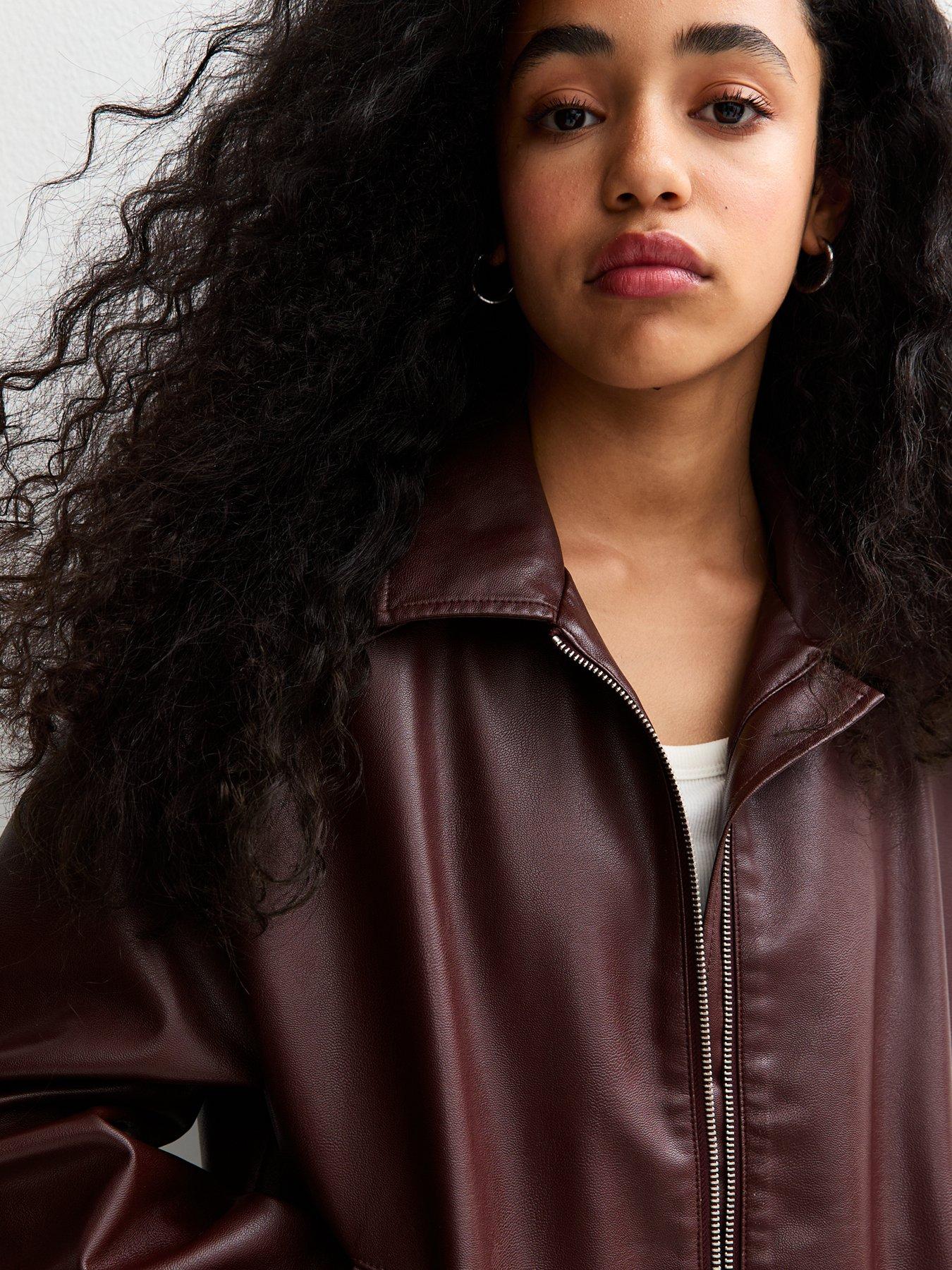 Image 6 of 6 of New Look 915 Girls&nbsp;Faux Leather Bomber Jacket - Dark Red