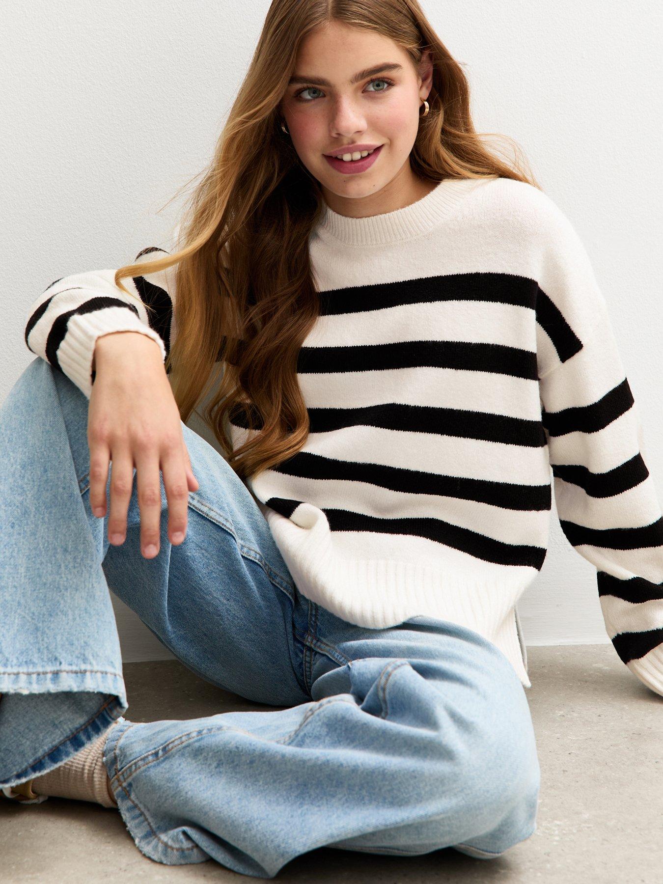 New Look 915 Girls White Striped Side Slit Jumper