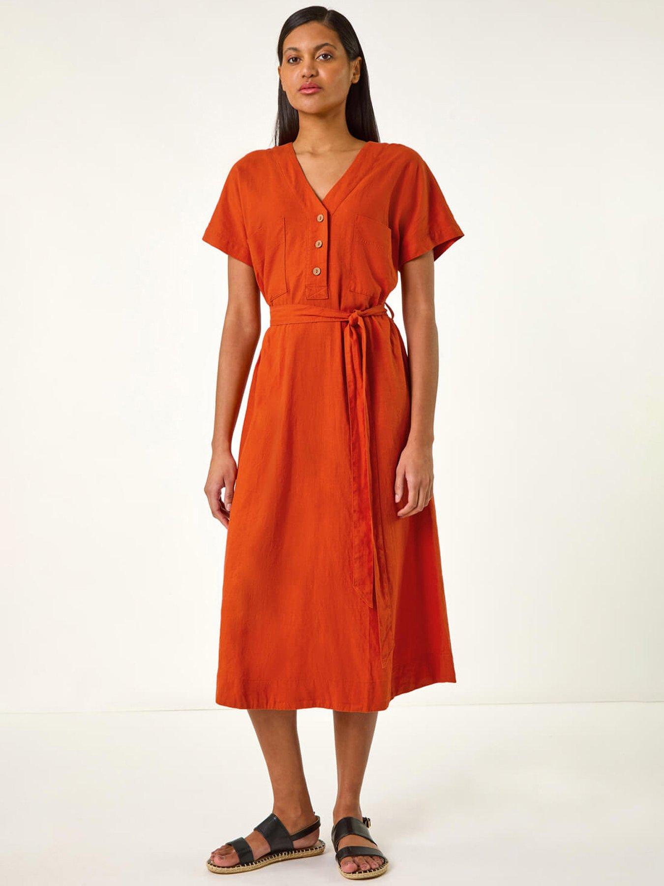 undefined Button Linen Mix Midi Dress - Orange