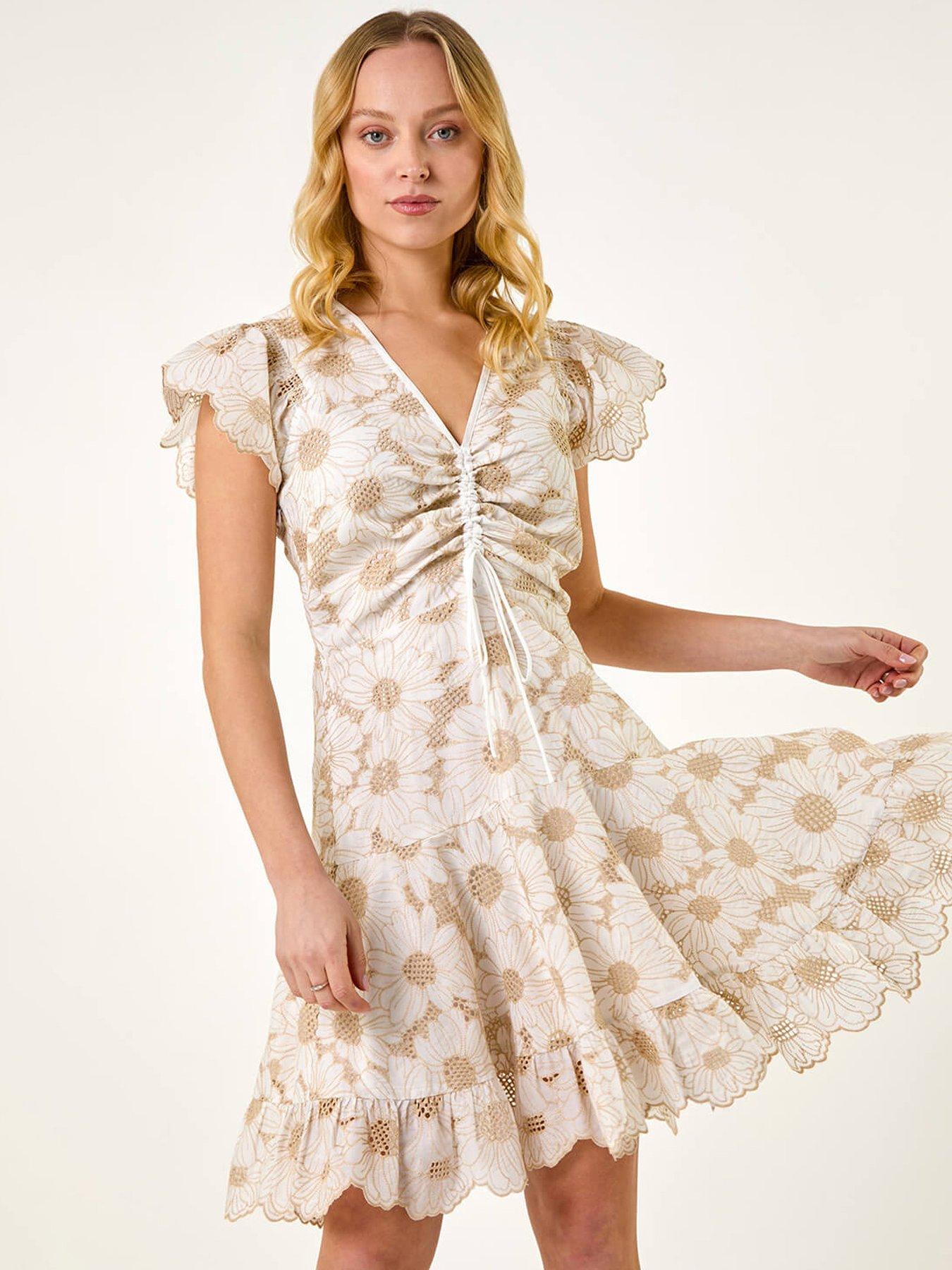 Image 1 of 5 of Roman Broderie Anglaise Ruched Dress - White