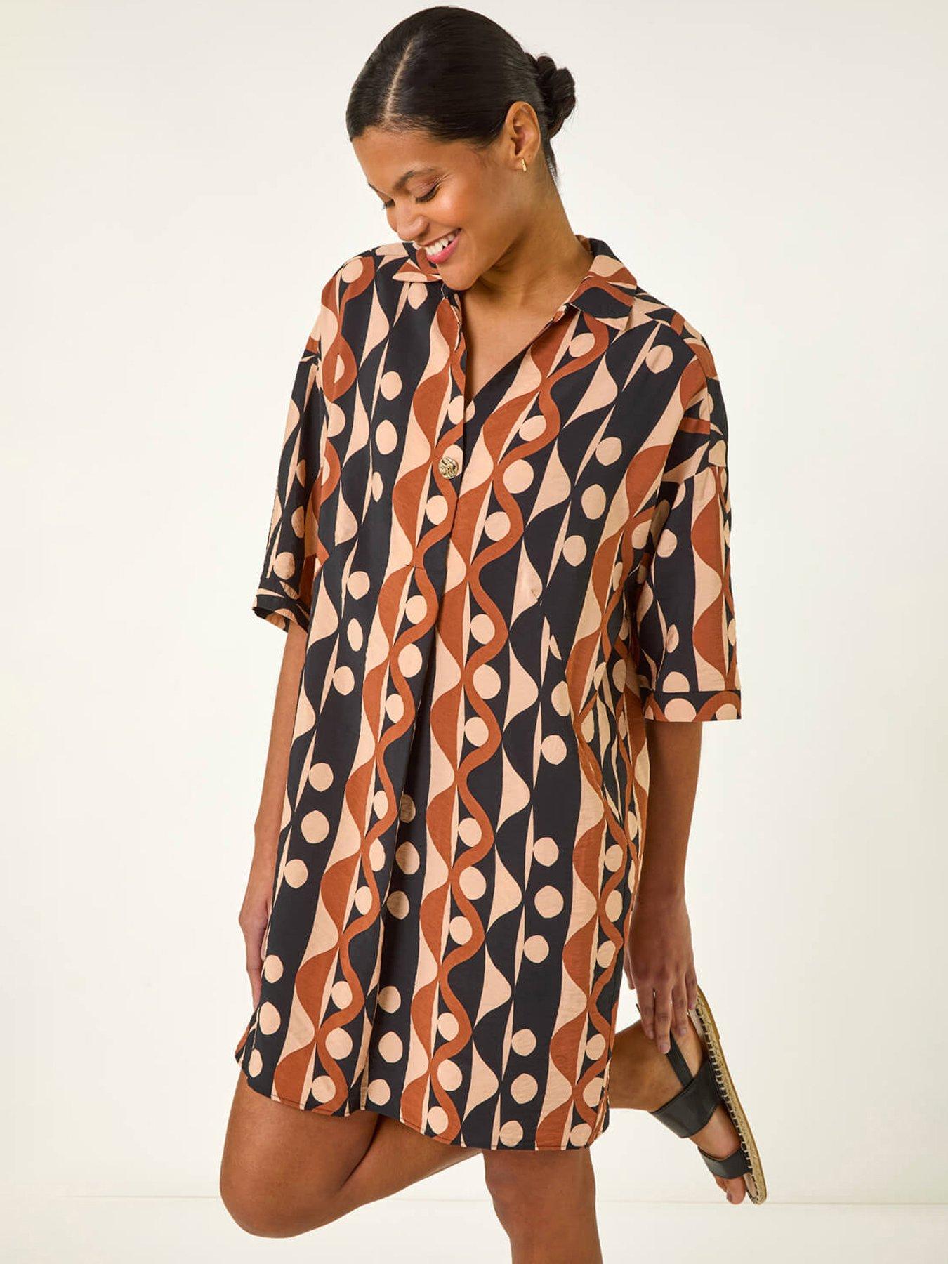  image of roman-geometric-collared-shirt-dress-tan