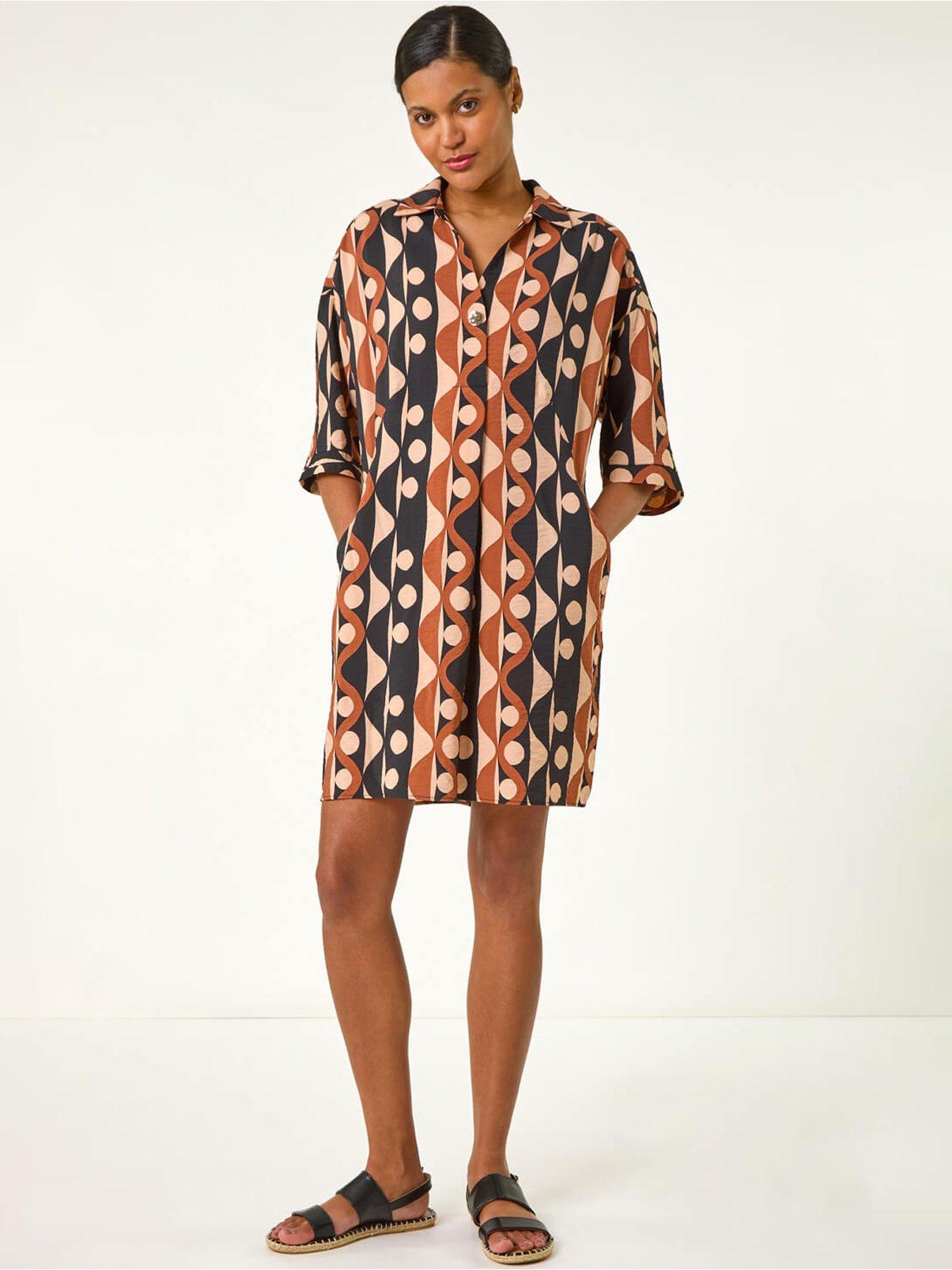  image of roman-geometric-collared-shirt-dress-tan
