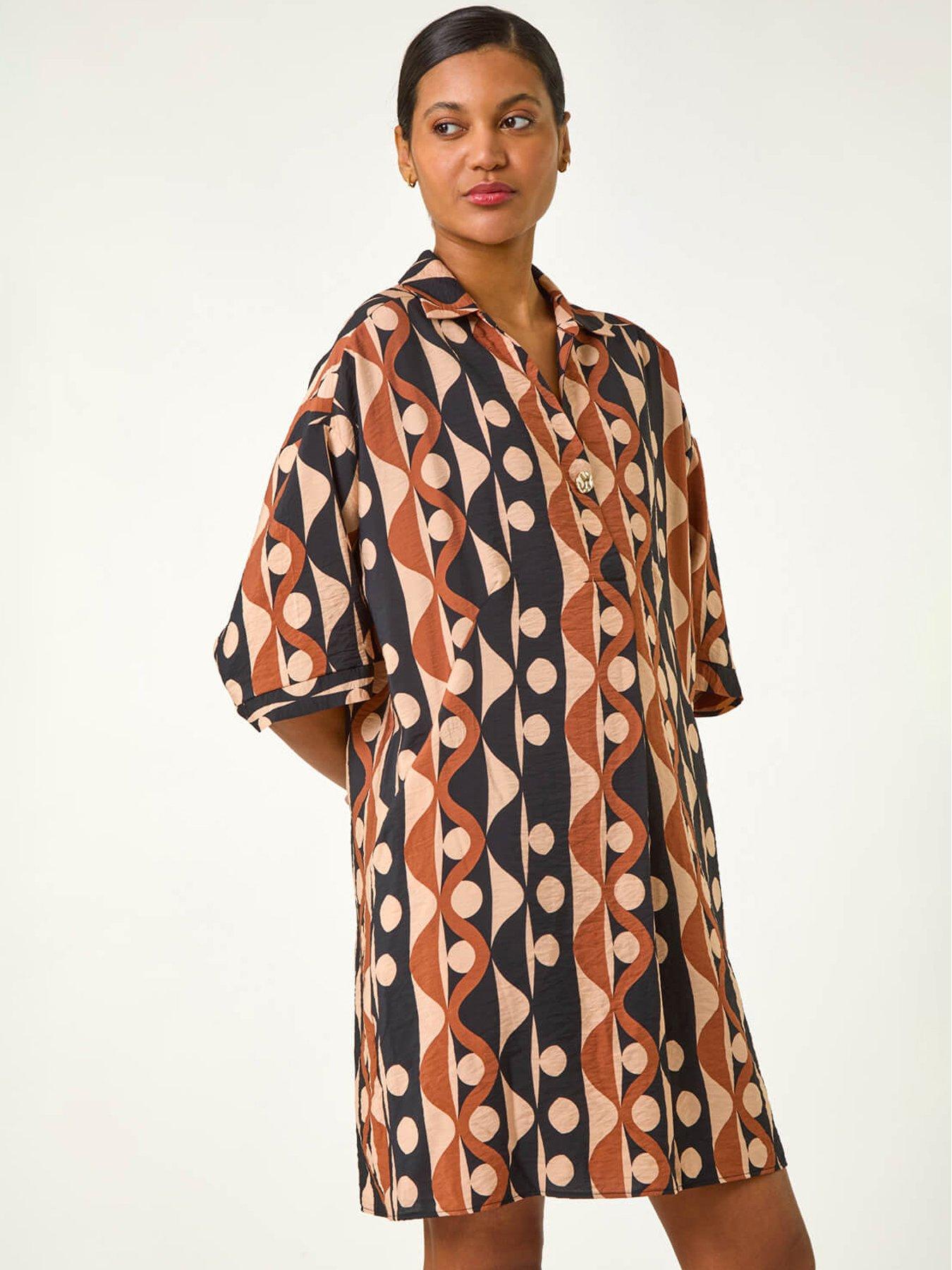  image of roman-geometric-collared-shirt-dress-tan
