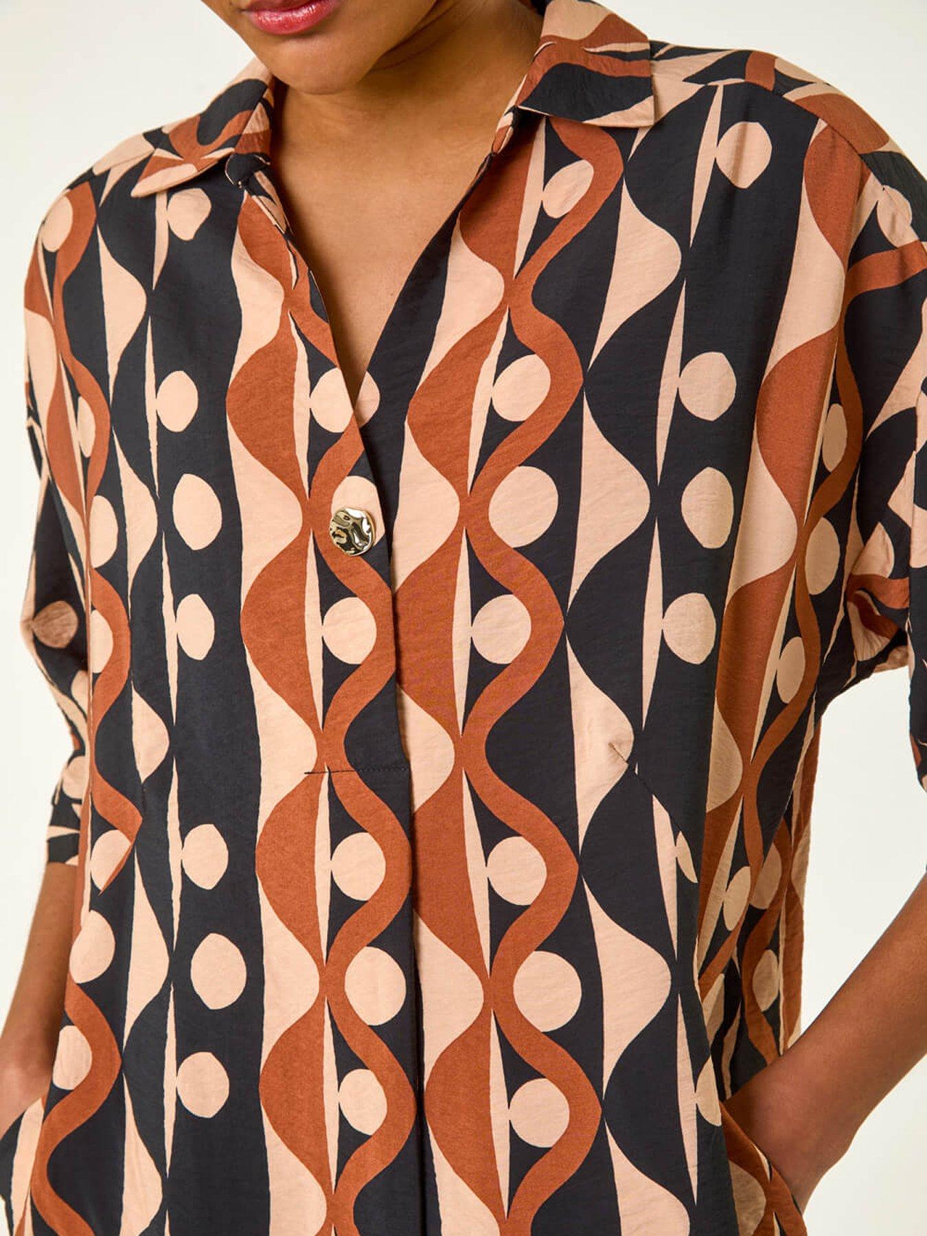  image of roman-geometric-collared-shirt-dress-tan