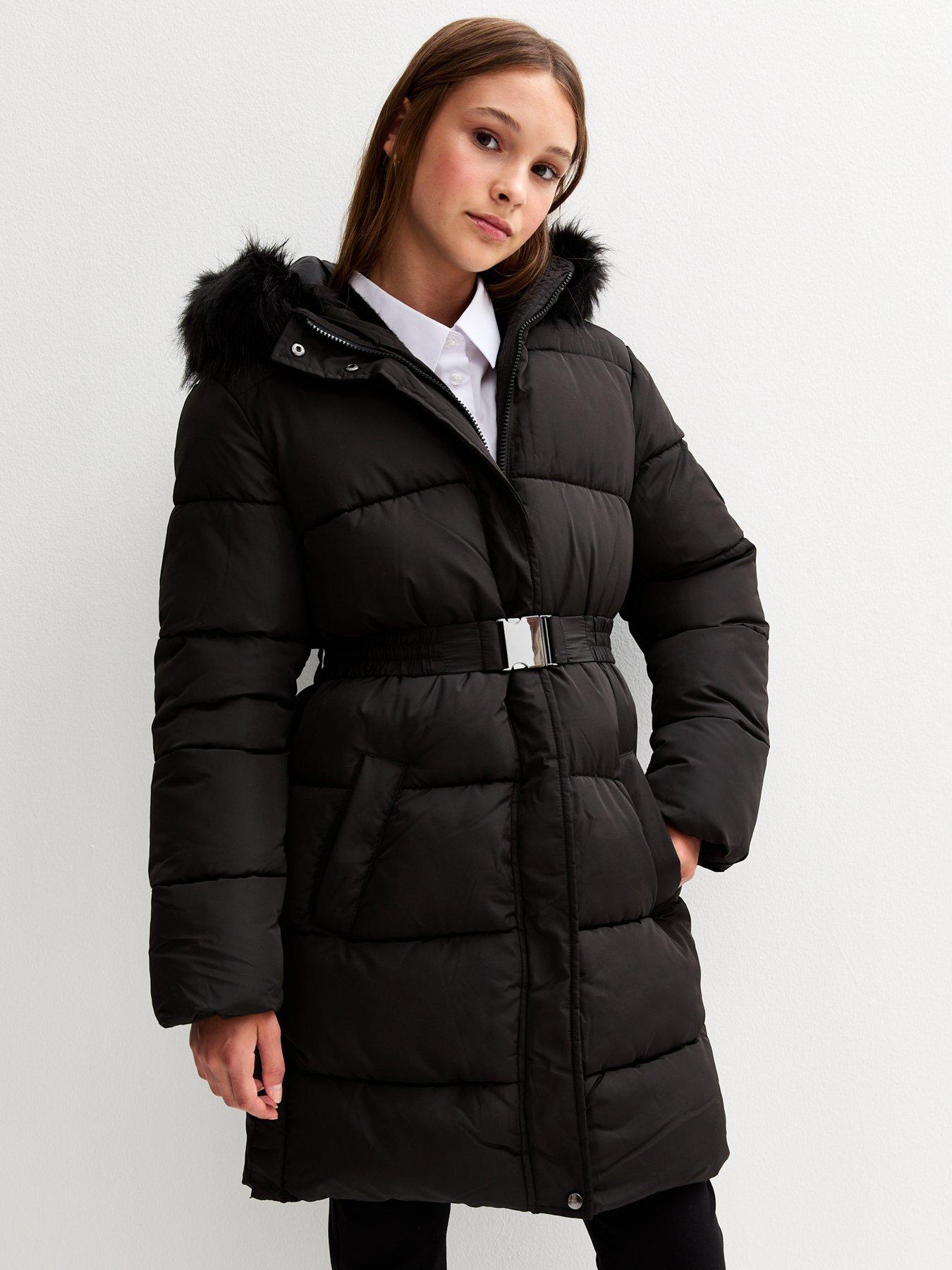 undefined Girls Faux Fur Trim Padded Midi Coat - Black