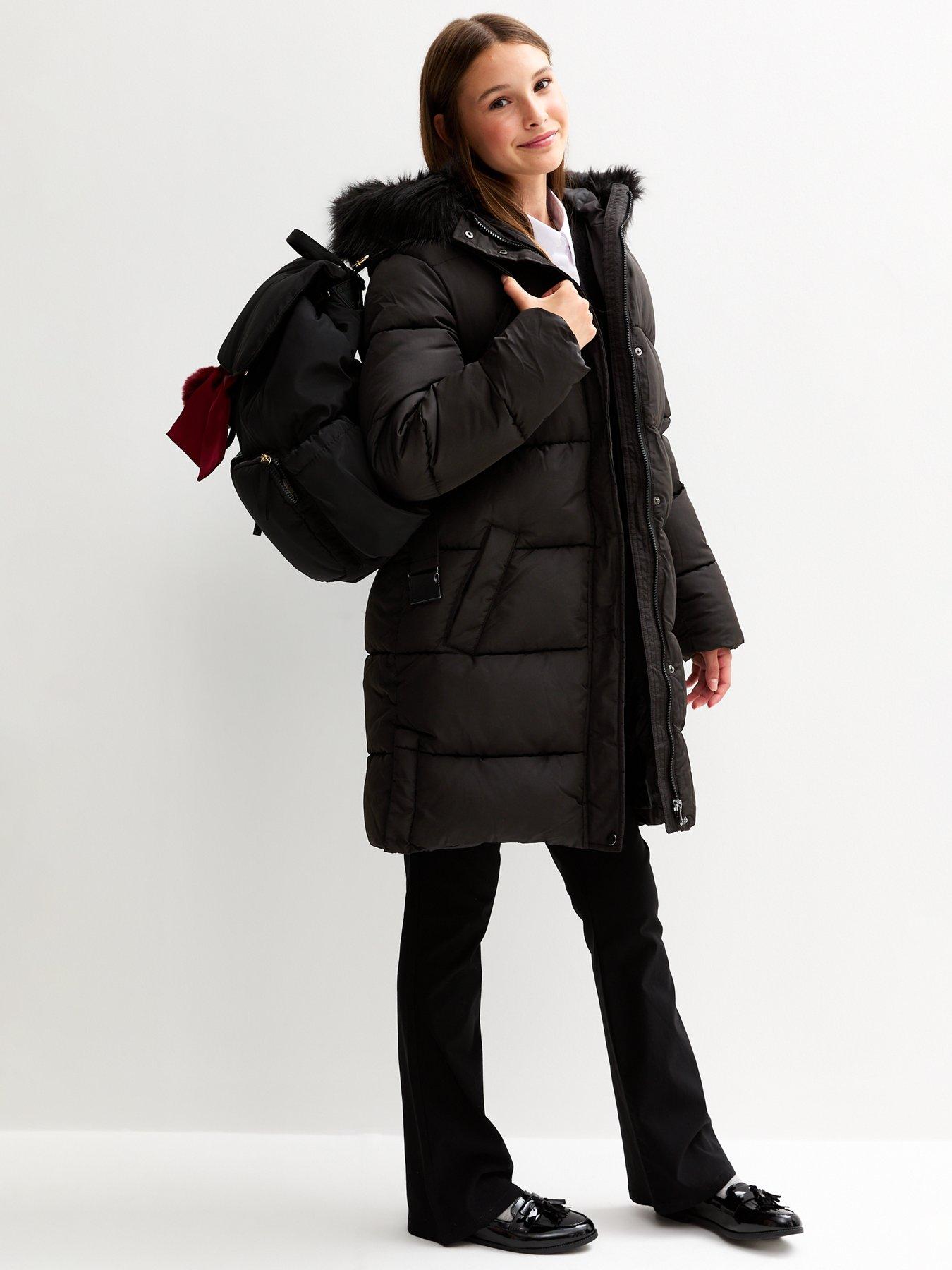 Image 3 of 5 of New Look 915 Girls Faux Fur Trim Padded Midi Coat - Black
