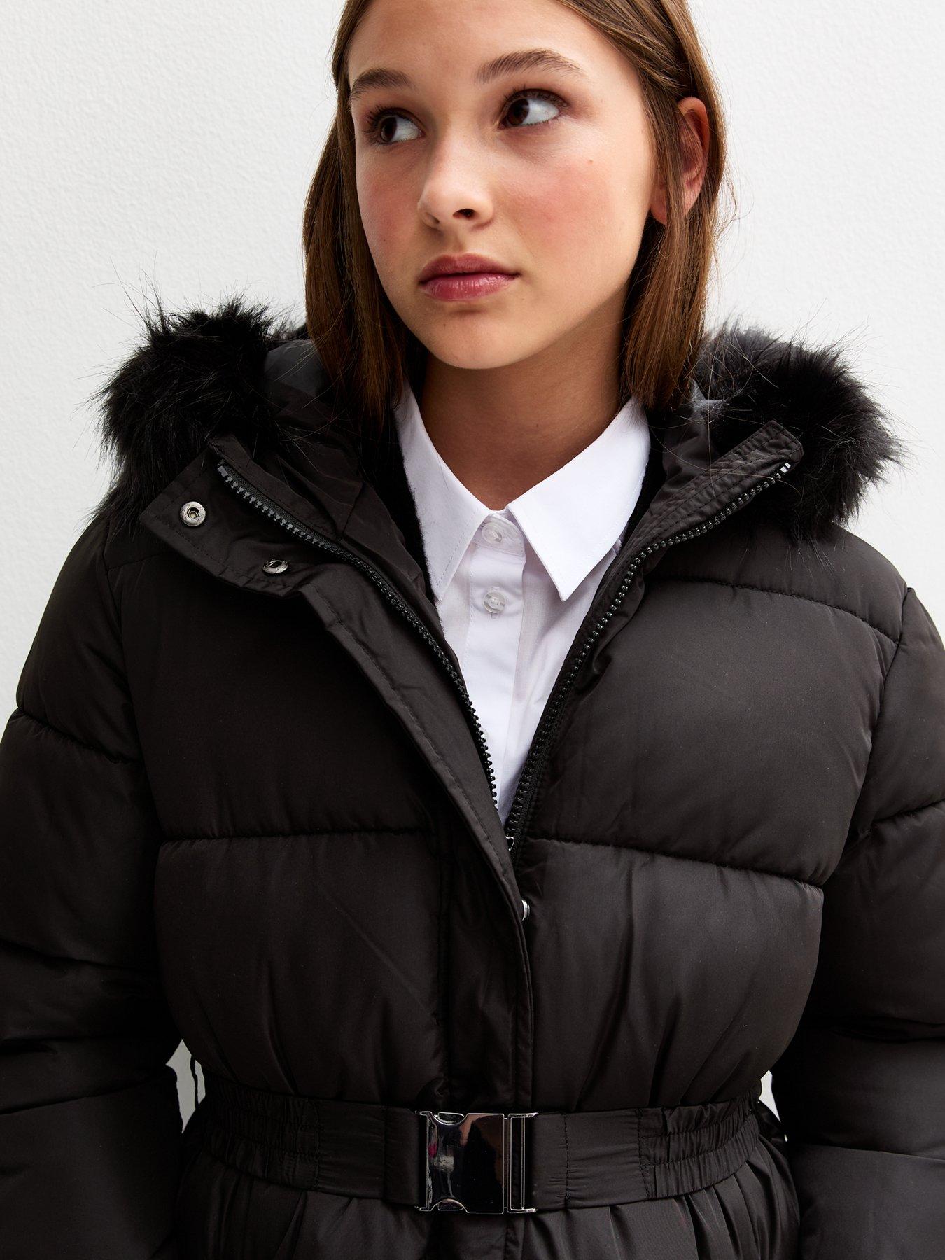 Image 4 of 5 of New Look 915 Girls Faux Fur Trim Padded Midi Coat - Black