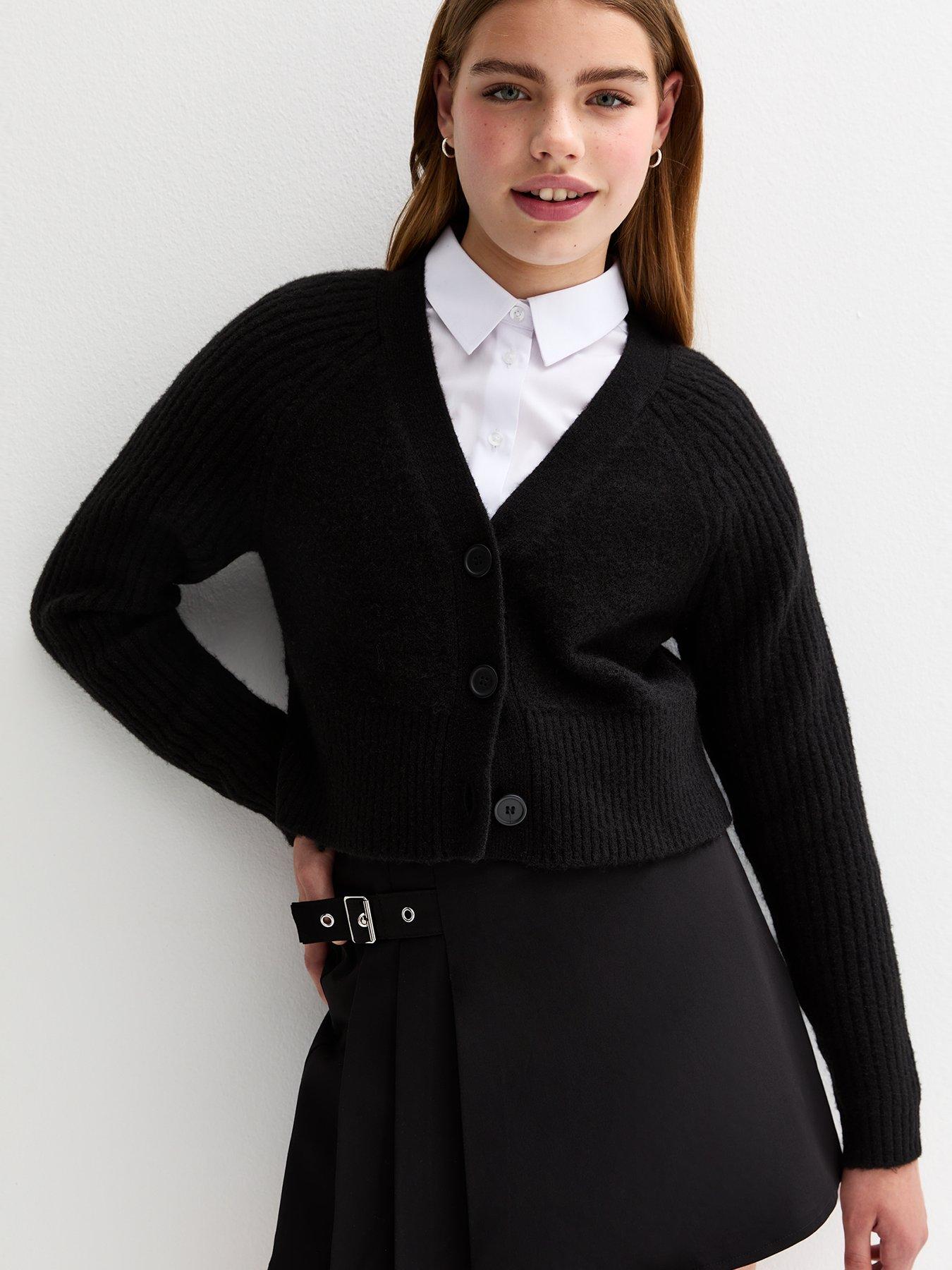 undefined Girls Ribbed Raglan Sleeve School Cardigan - Black