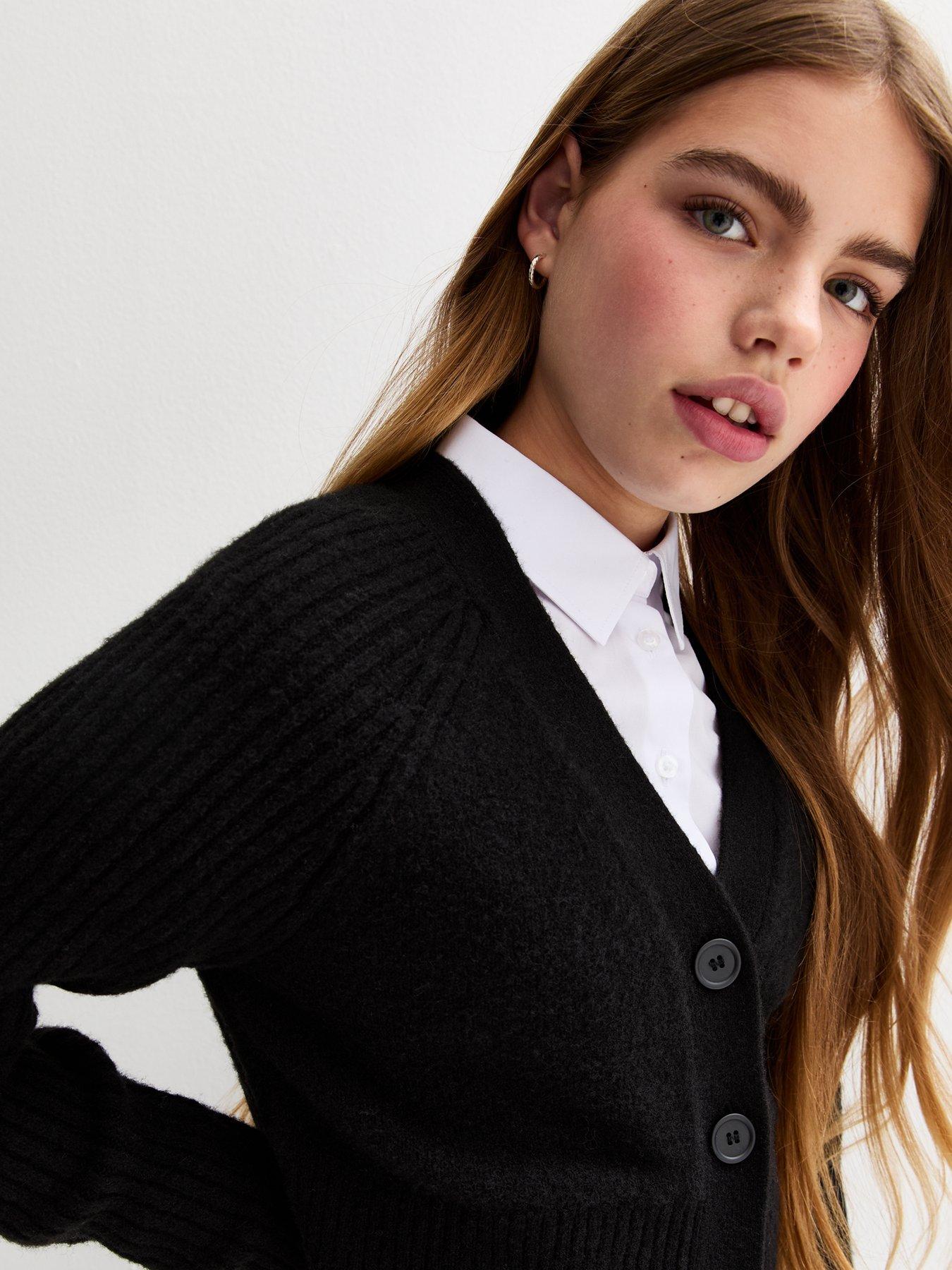 Image 4 of 4 of New Look 915 Girls Ribbed Raglan Sleeve School Cardigan - Black