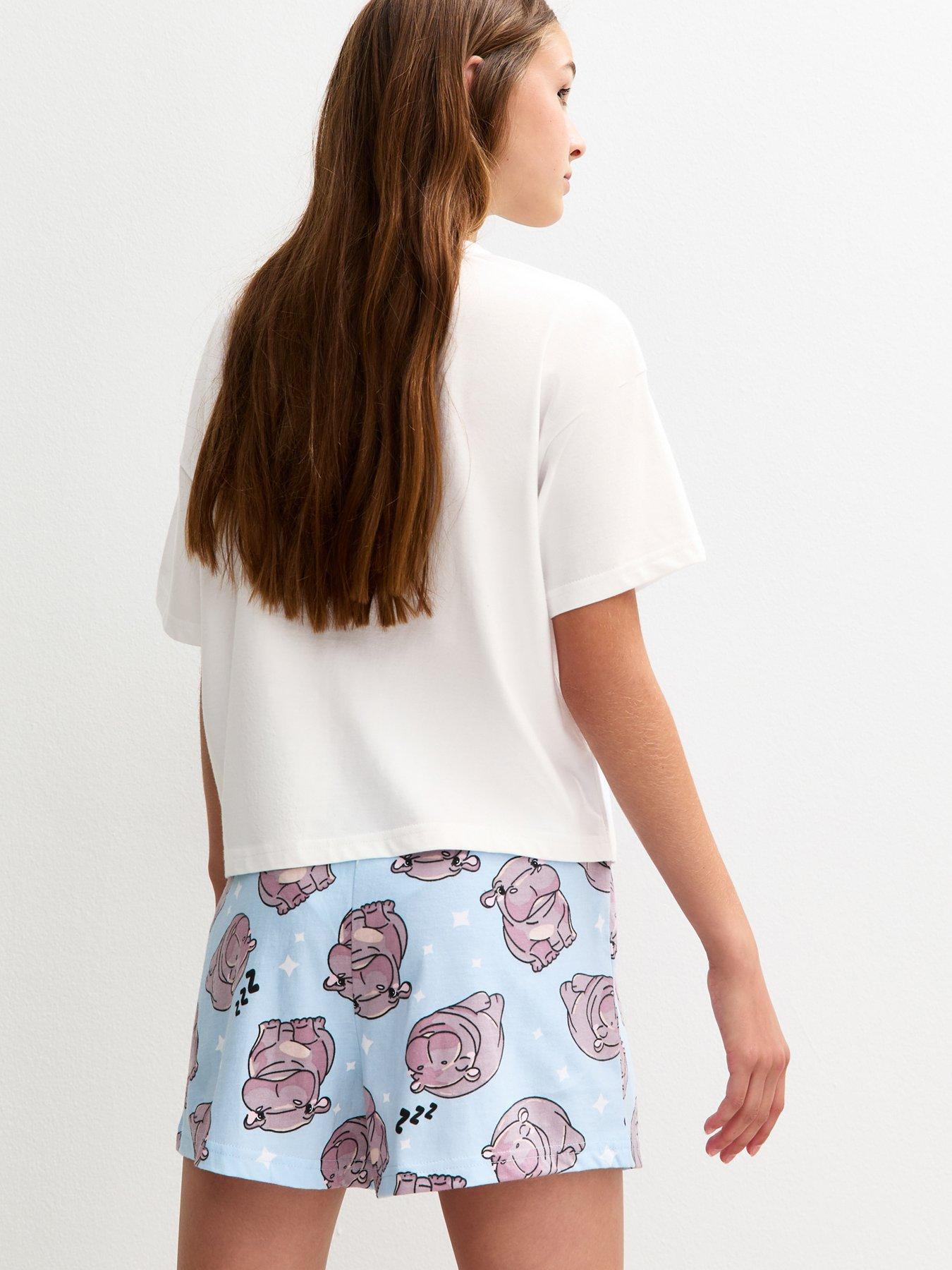 Image 2 of 6 of New Look 915 Girls Hippo Print Pyjama Shorts Set - White