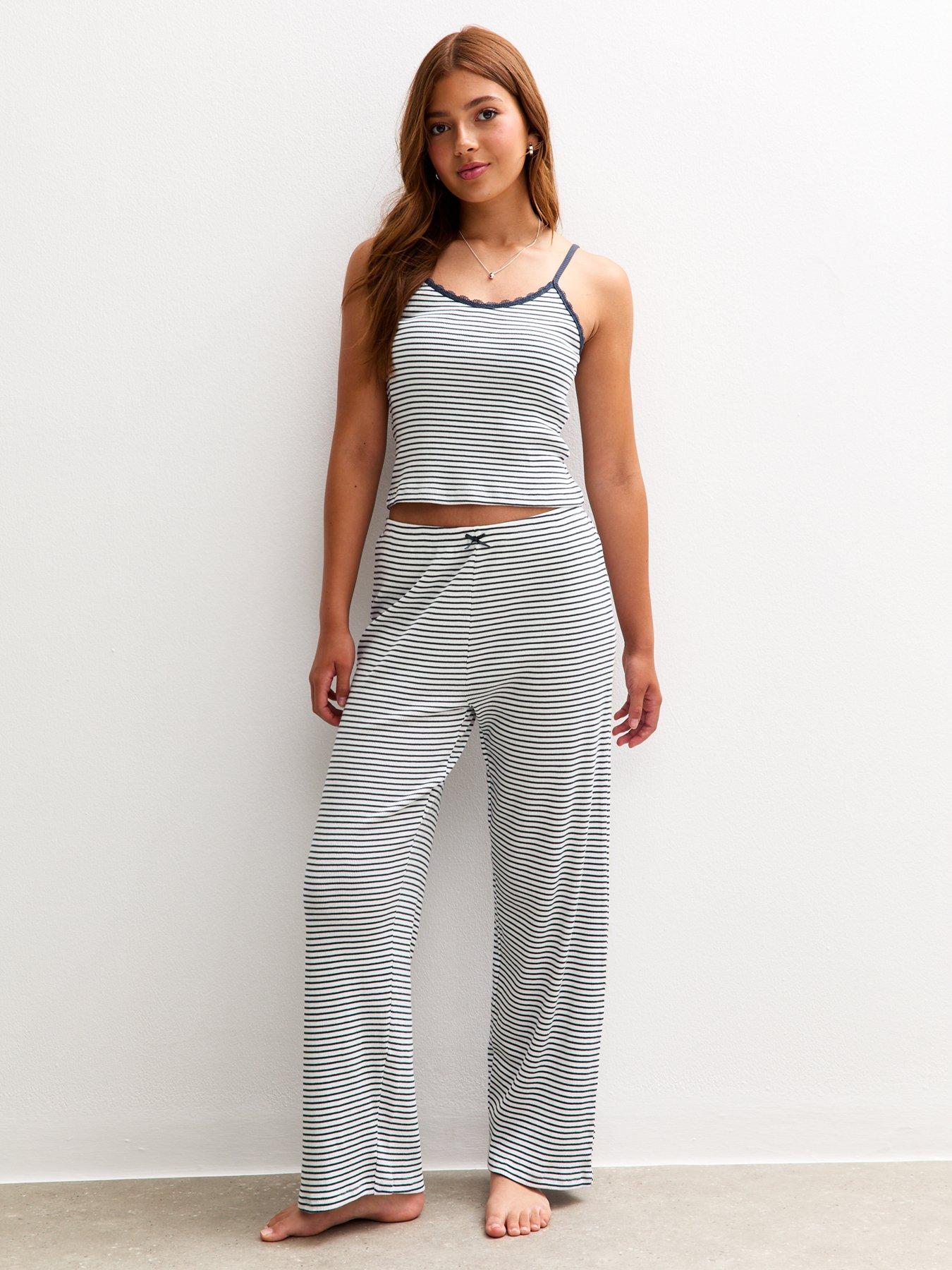 undefined Girls Striped Vest Wide Leg Trouser Pyjama Set - White