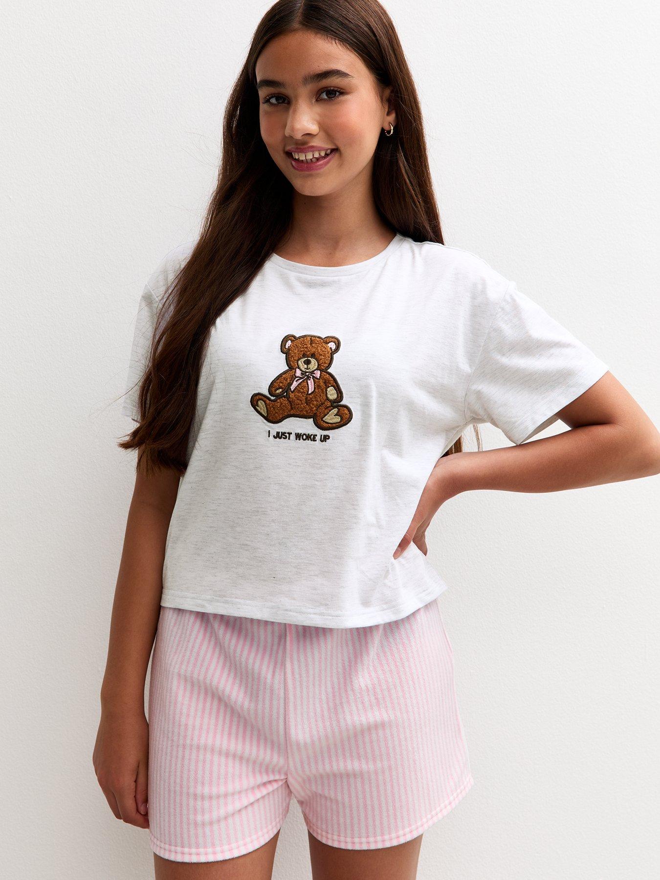 undefined Girls Marl Teddy Bear Pyjama Shorts Set - Grey