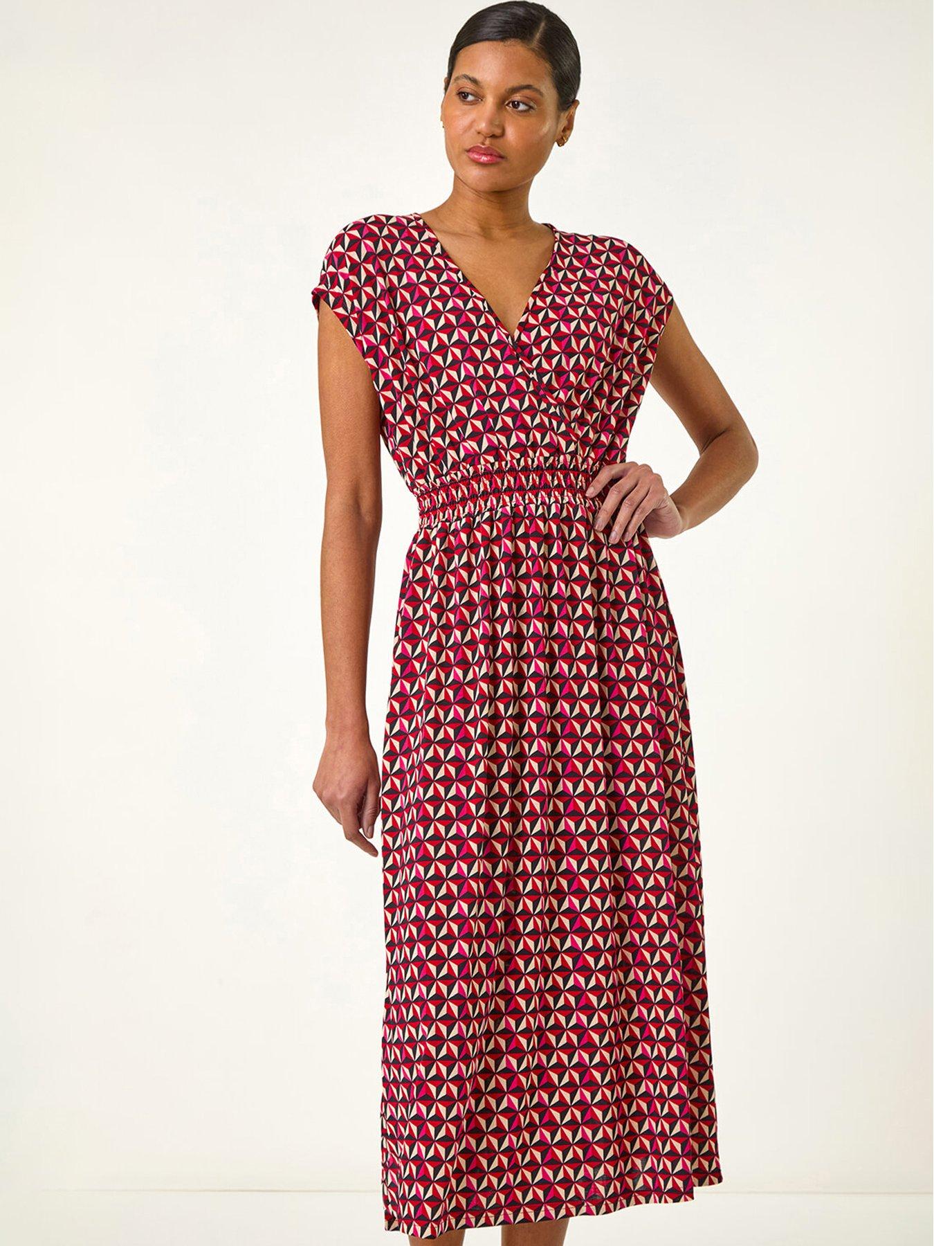 undefined Geo Print V-neck Stretch Midi Dress - Red