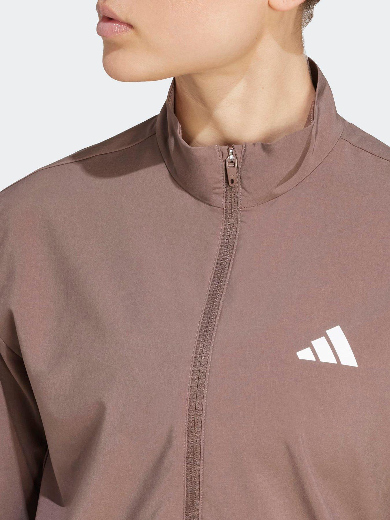  image of adidas-womens-training-essentials-3-stripe-woven-jacket-brown
