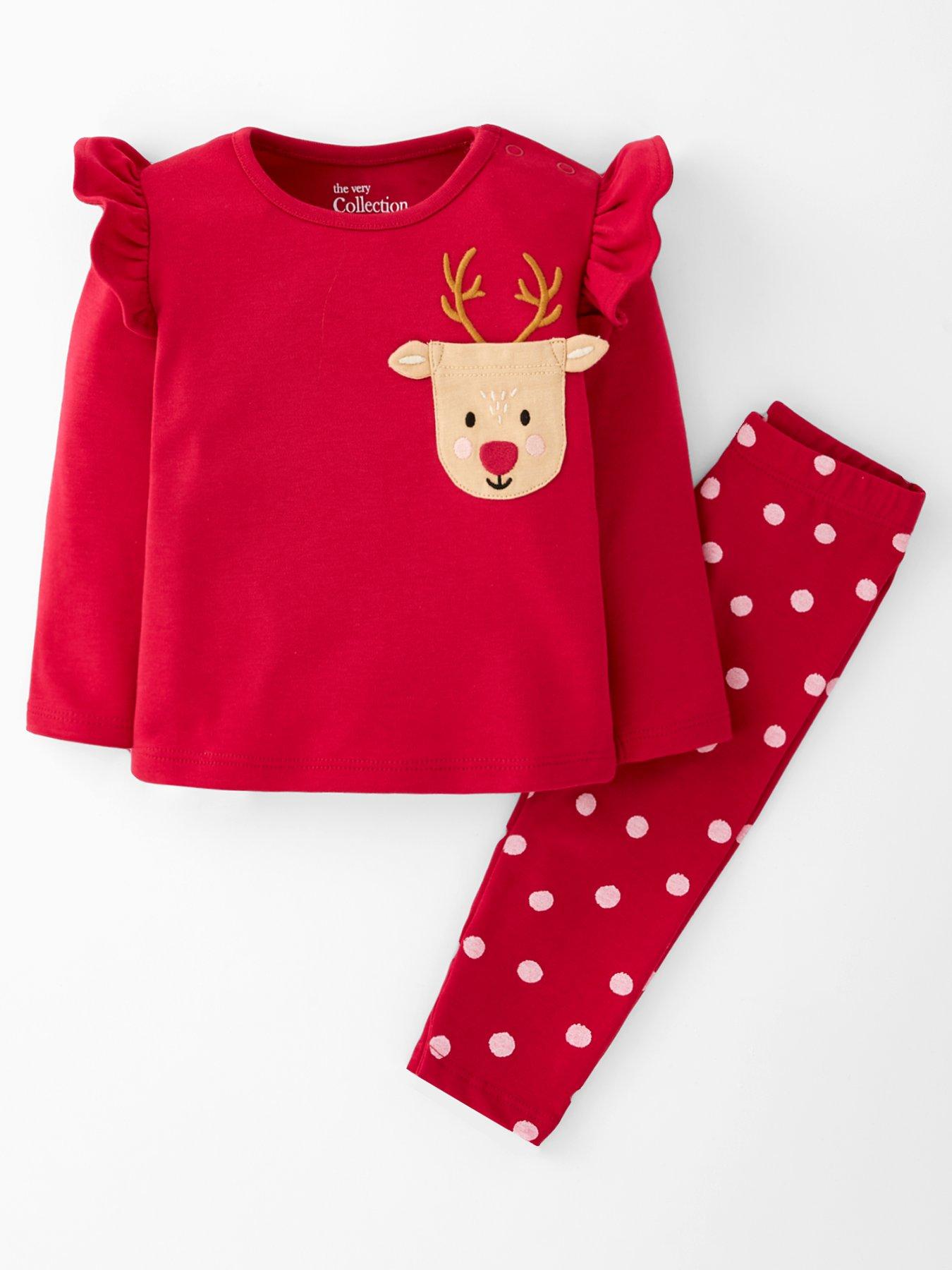  image of the-very-collection-baby-girls-reindeer-rib-long-sleeve-christmas-t-shirt-and-legging-set-red