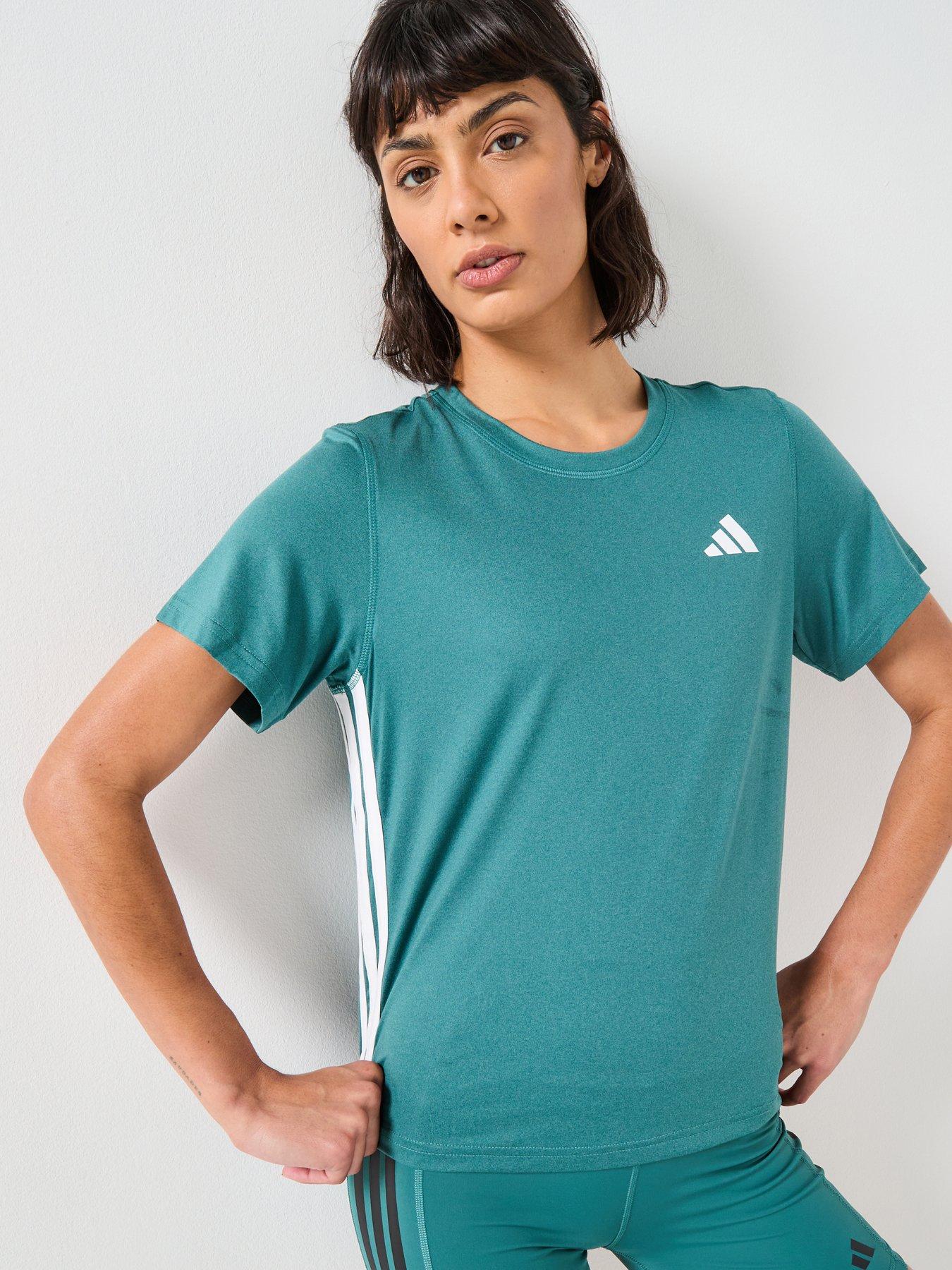 adidas Womens Training 3 Stripe Crew T-Shirt - Green