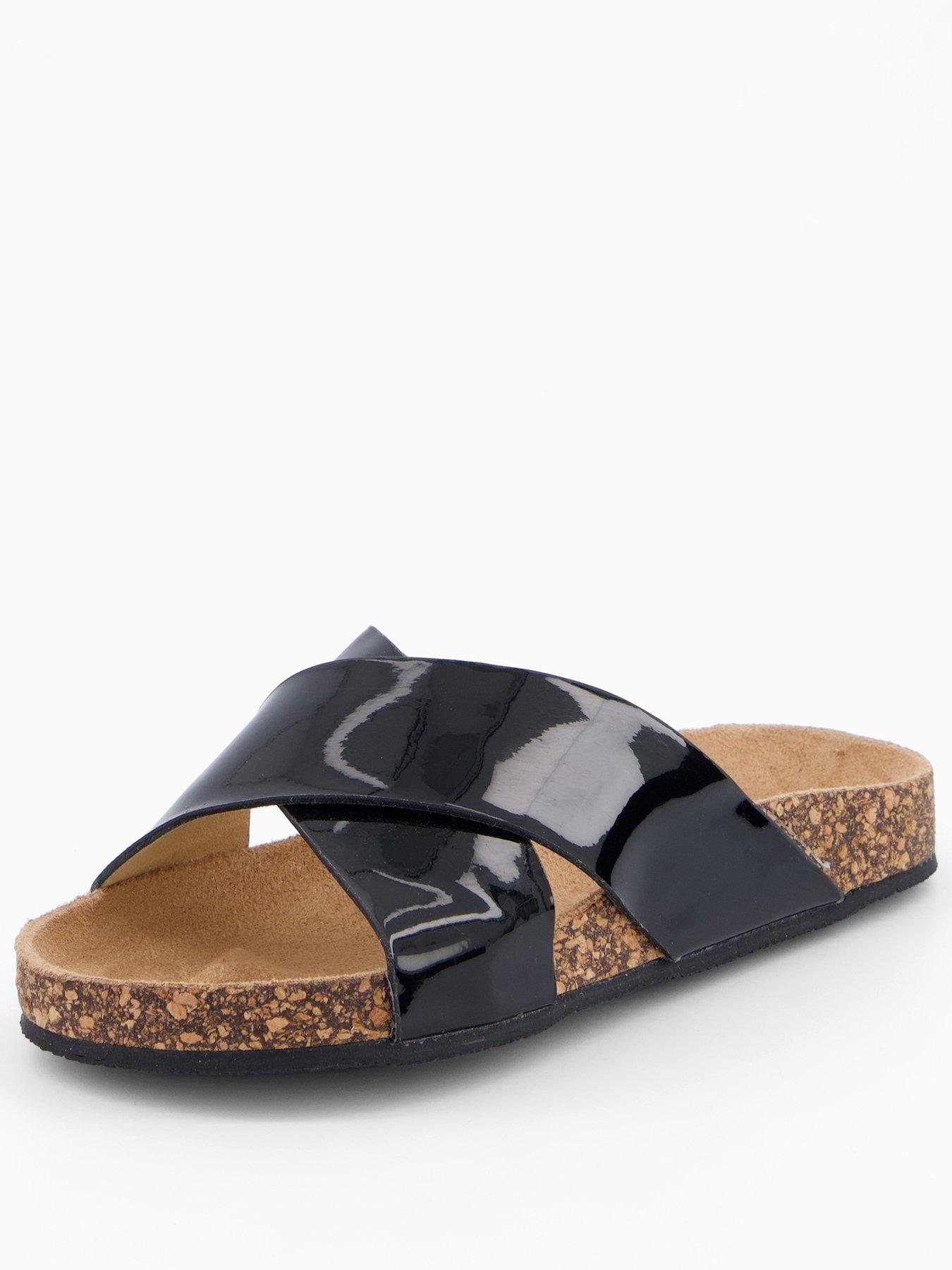 Image 1 of 6 of The Very Collection Patent Cross Over Corkbed Sliders - Black