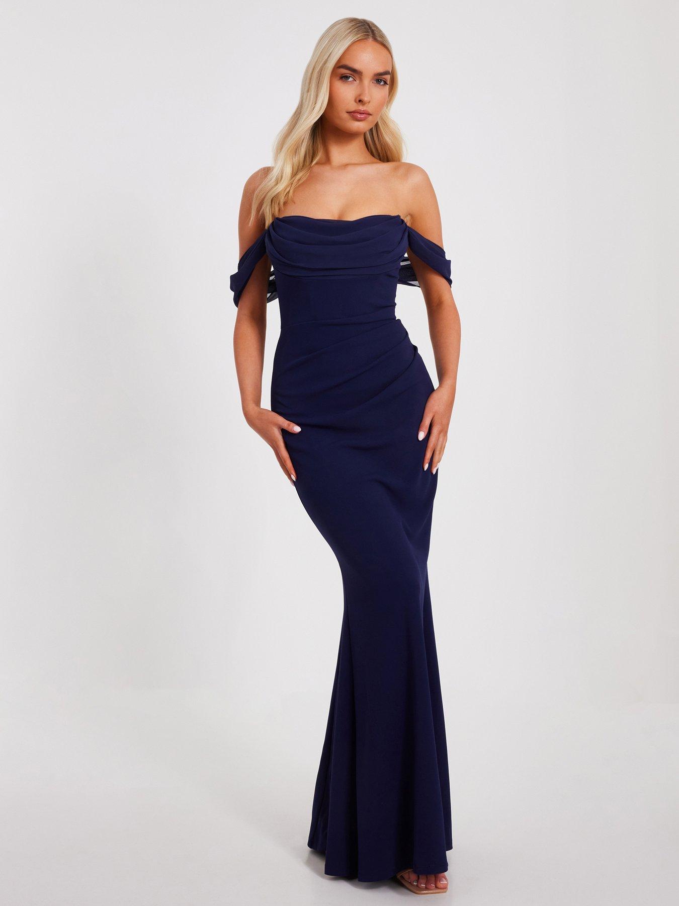 undefined Navy Chiffon Bardot Maxi Dress
