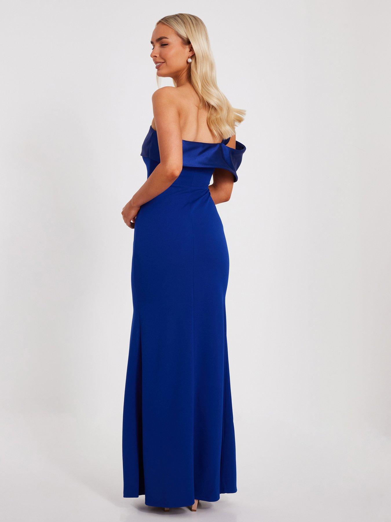strapless open back dress Royal blue one shoulder slinky midi dress with side split main image 0