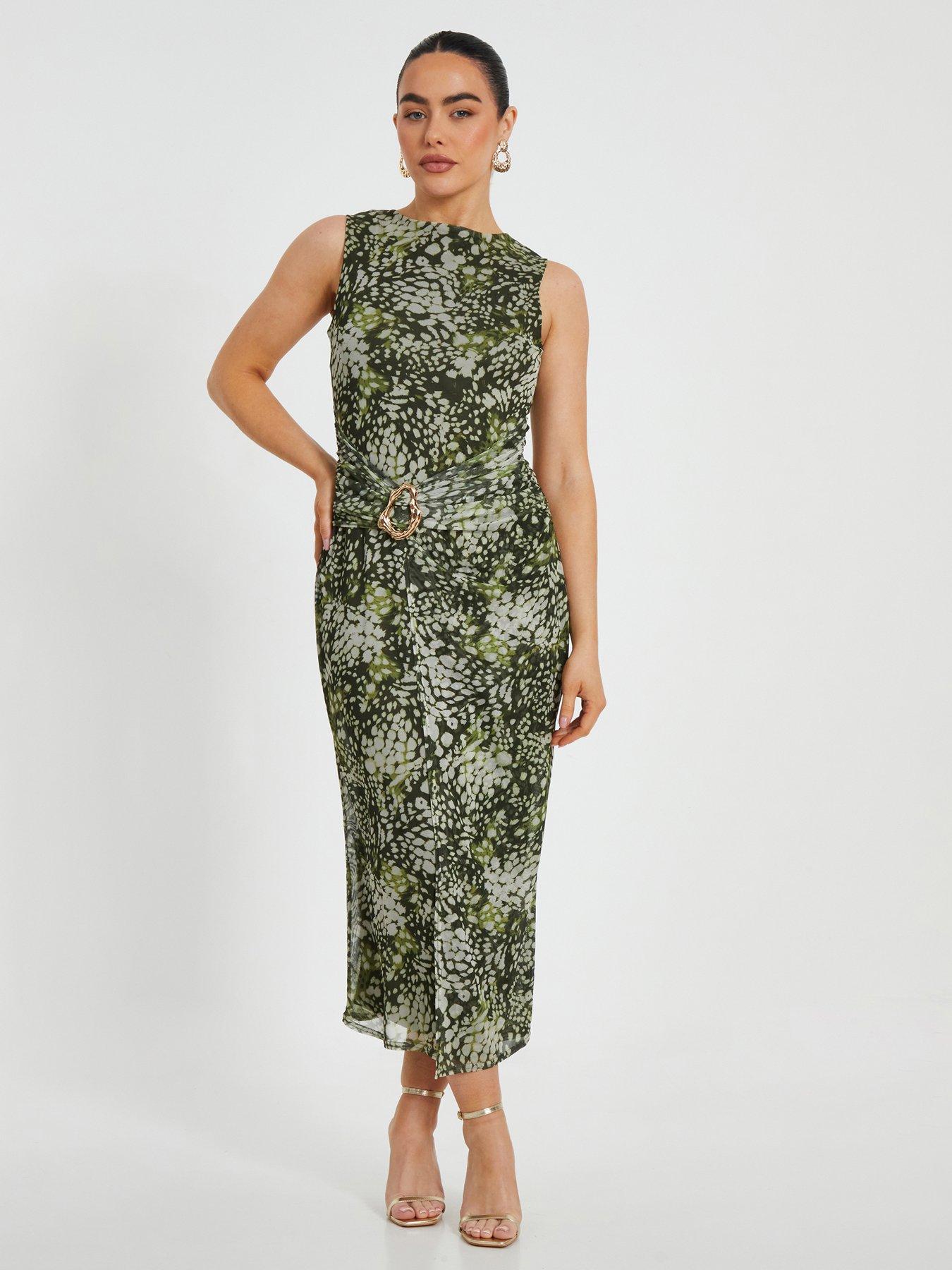 undefined Petite Khaki Mesh Animal Print Midaxi Dress