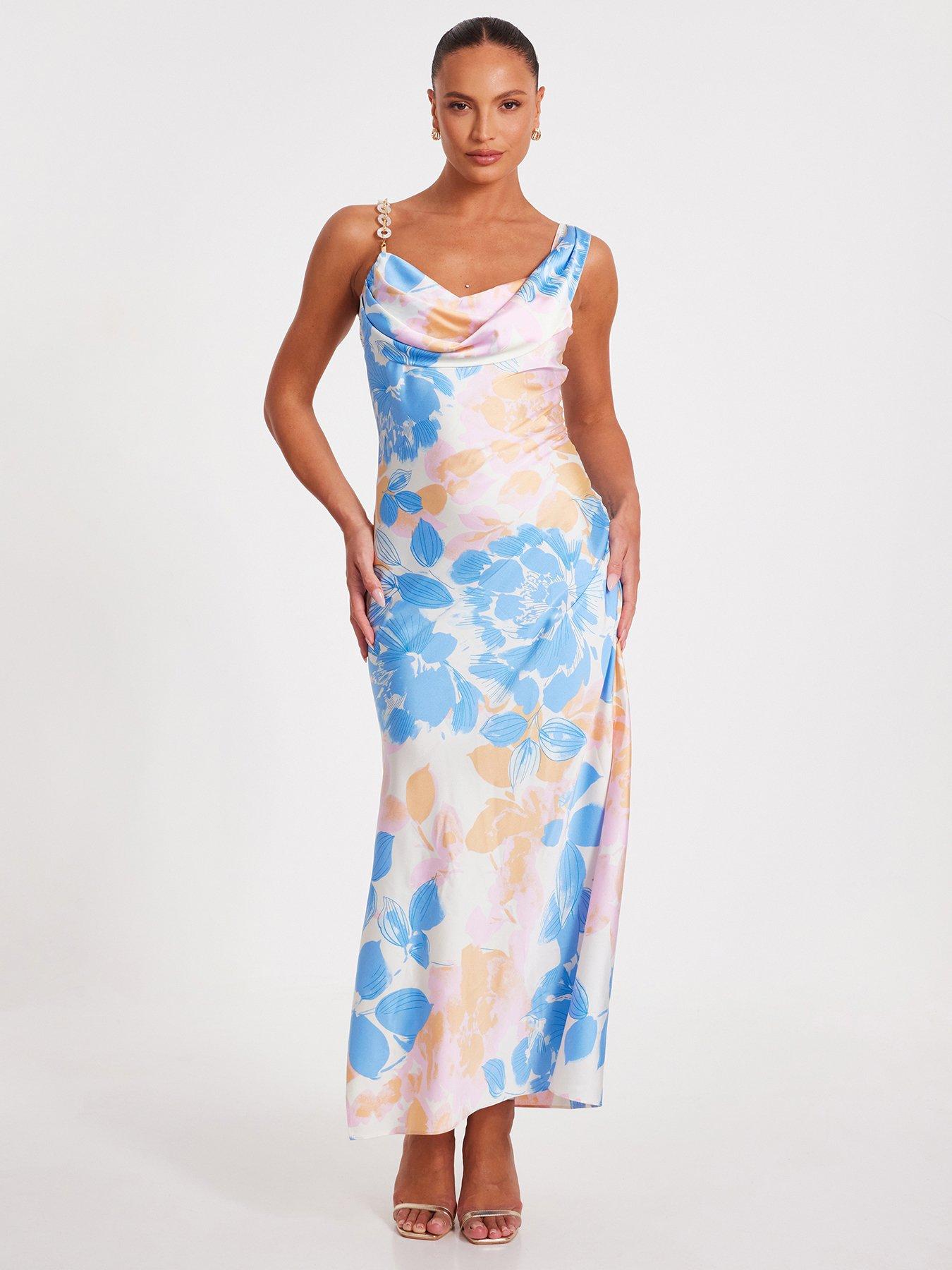  image of quiz-blue-floral-print-satin-midaxi-dress