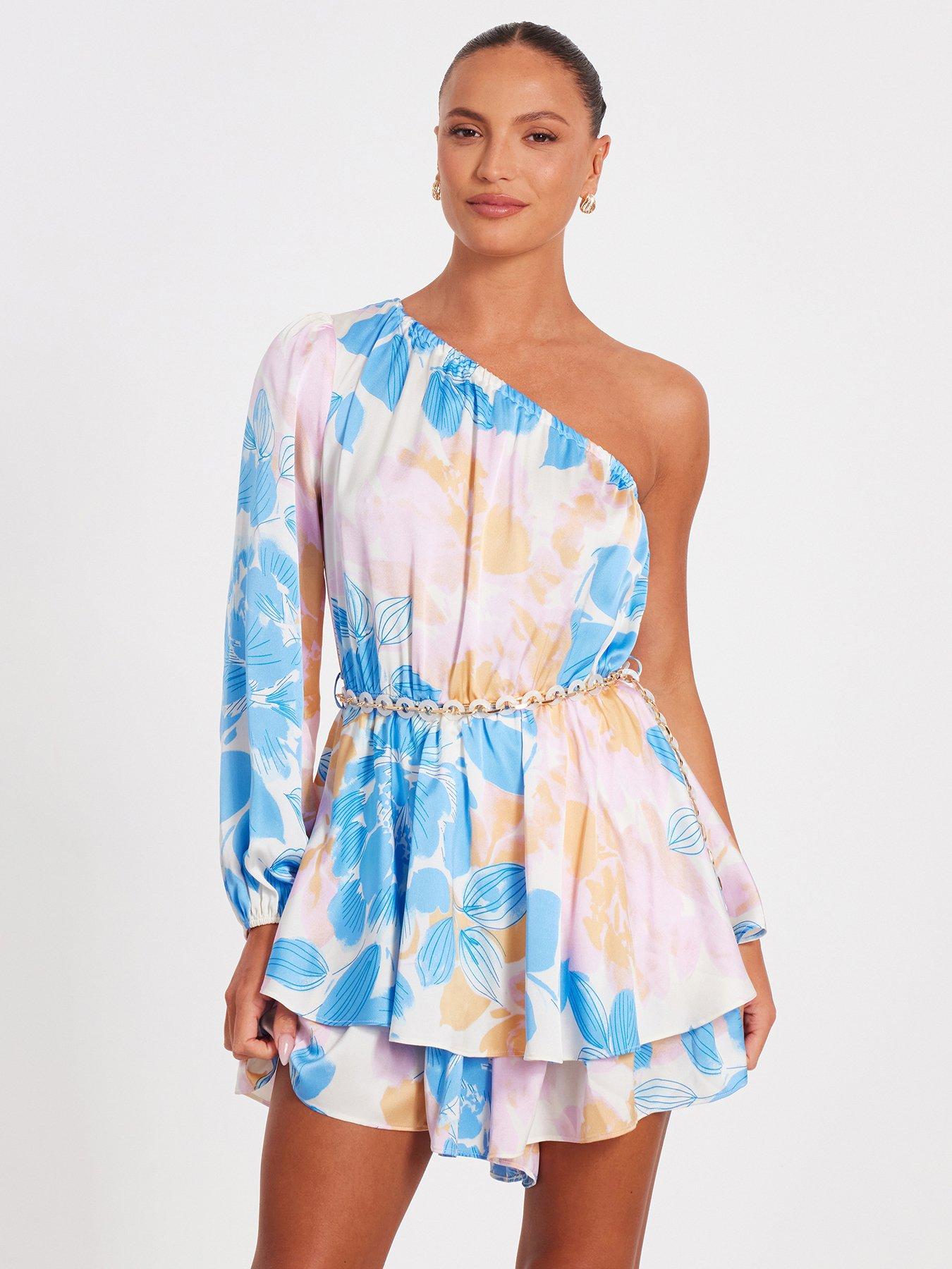undefined Blue One Shoulder Floral Playsuit