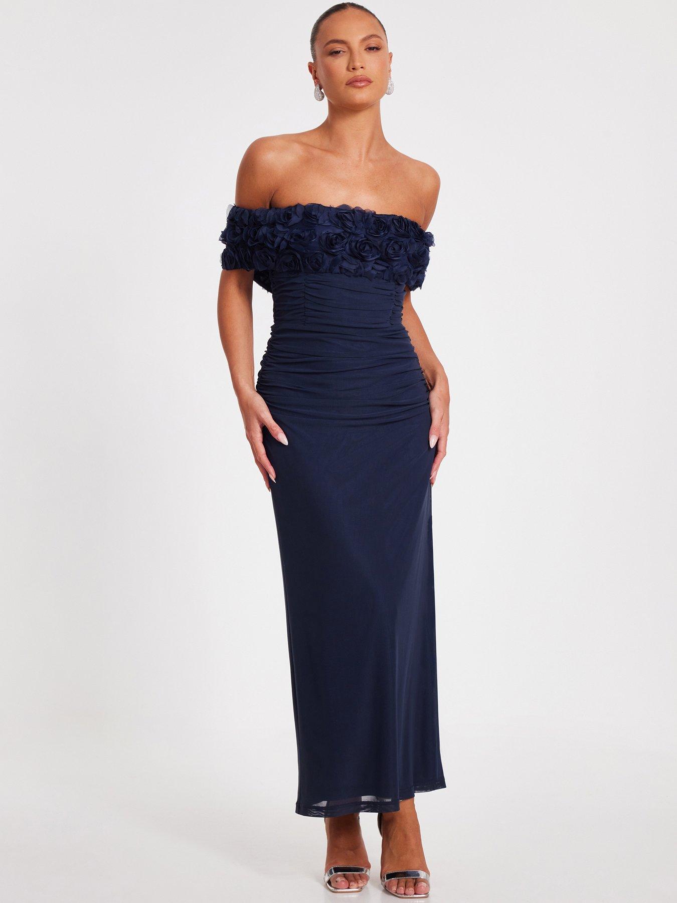 undefined Navy Mesh Bardot Midaxi Dress