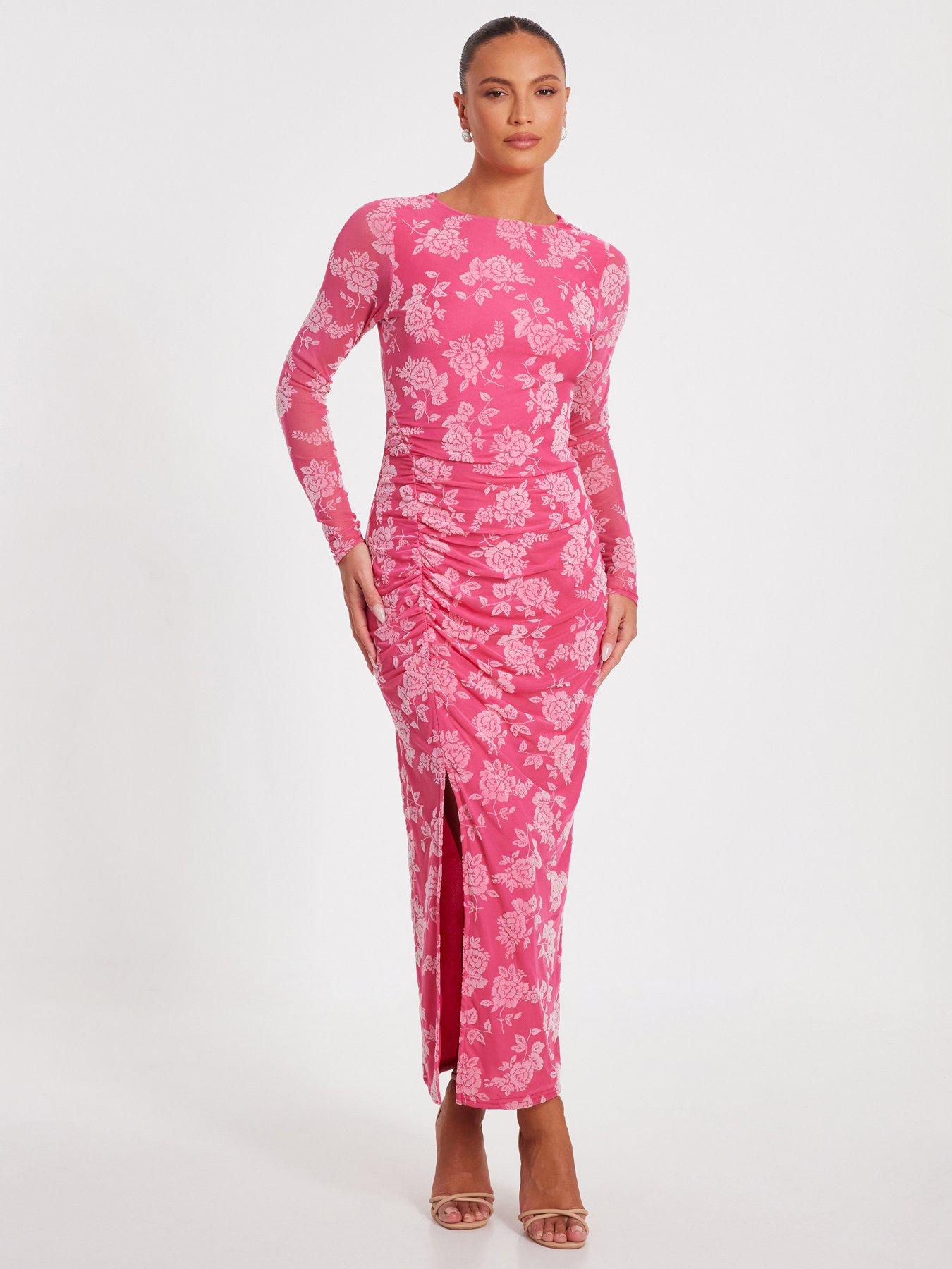undefined Magenta Mesh Floral Midaxi Dress