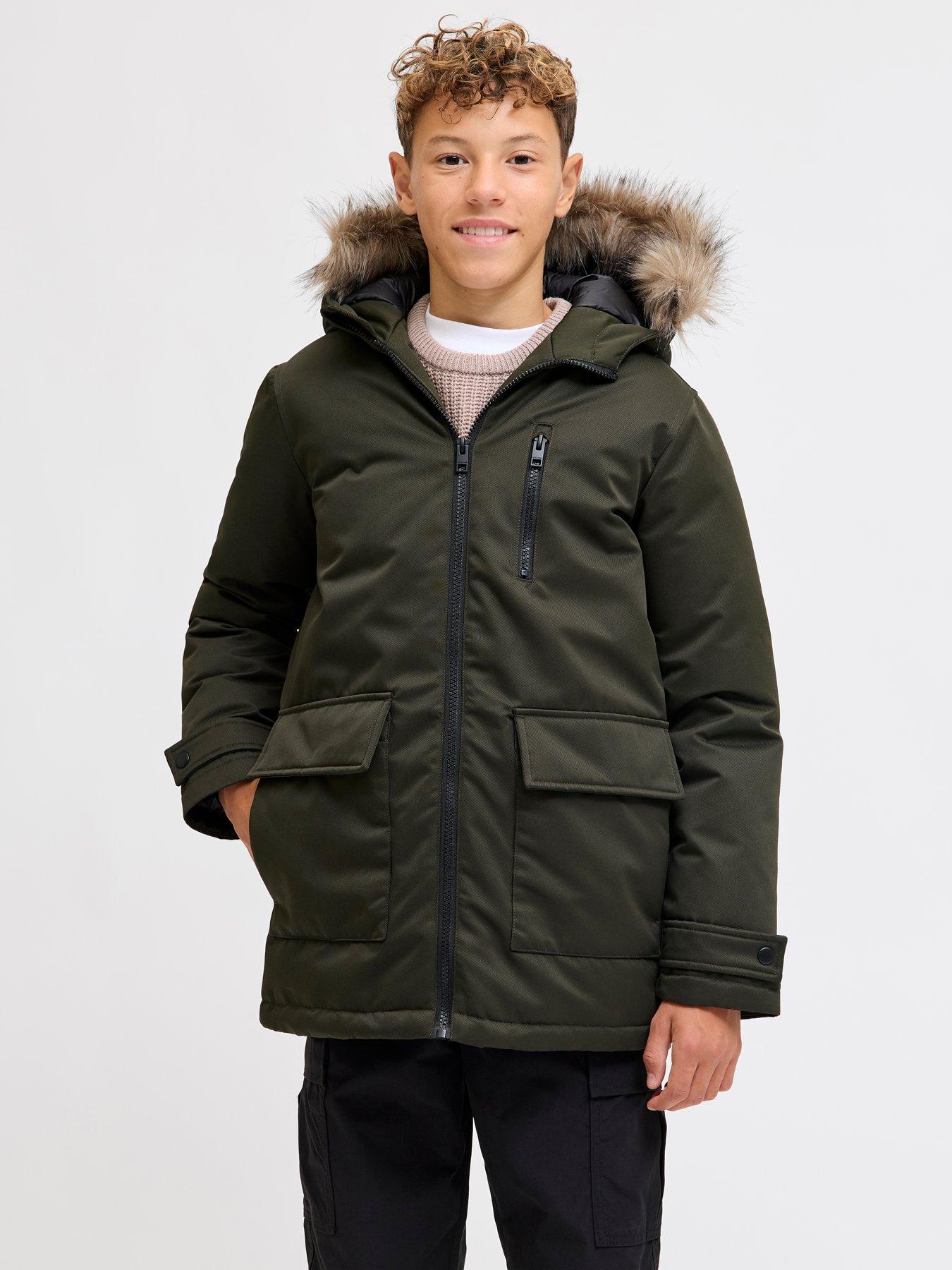  image of jack-jones-junior-boys-charlie-detachable-faux-fur-parka-khaki