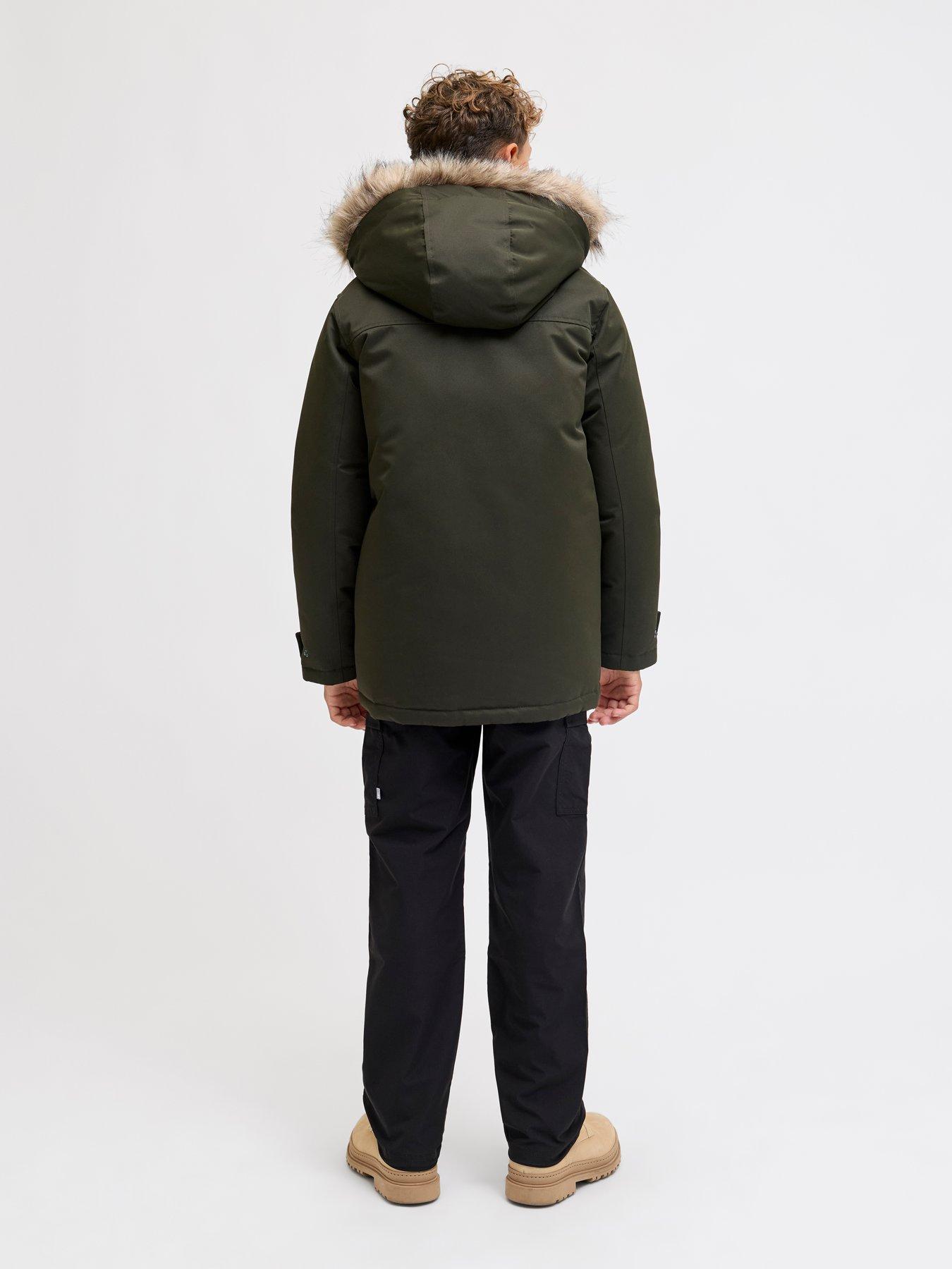  image of jack-jones-junior-boys-charlie-detachable-faux-fur-parka-khaki