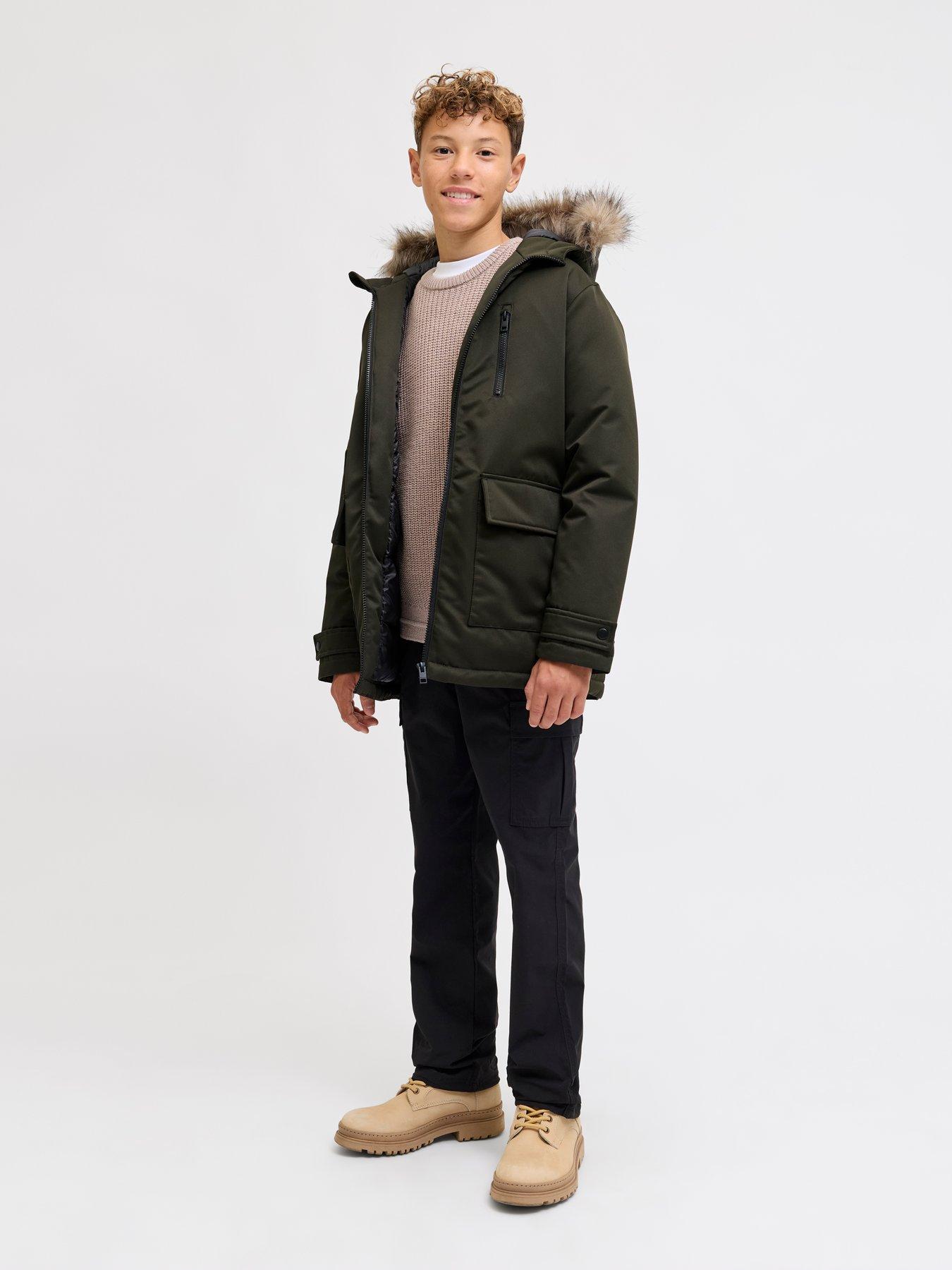  image of jack-jones-junior-boys-charlie-detachable-faux-fur-parka-khaki