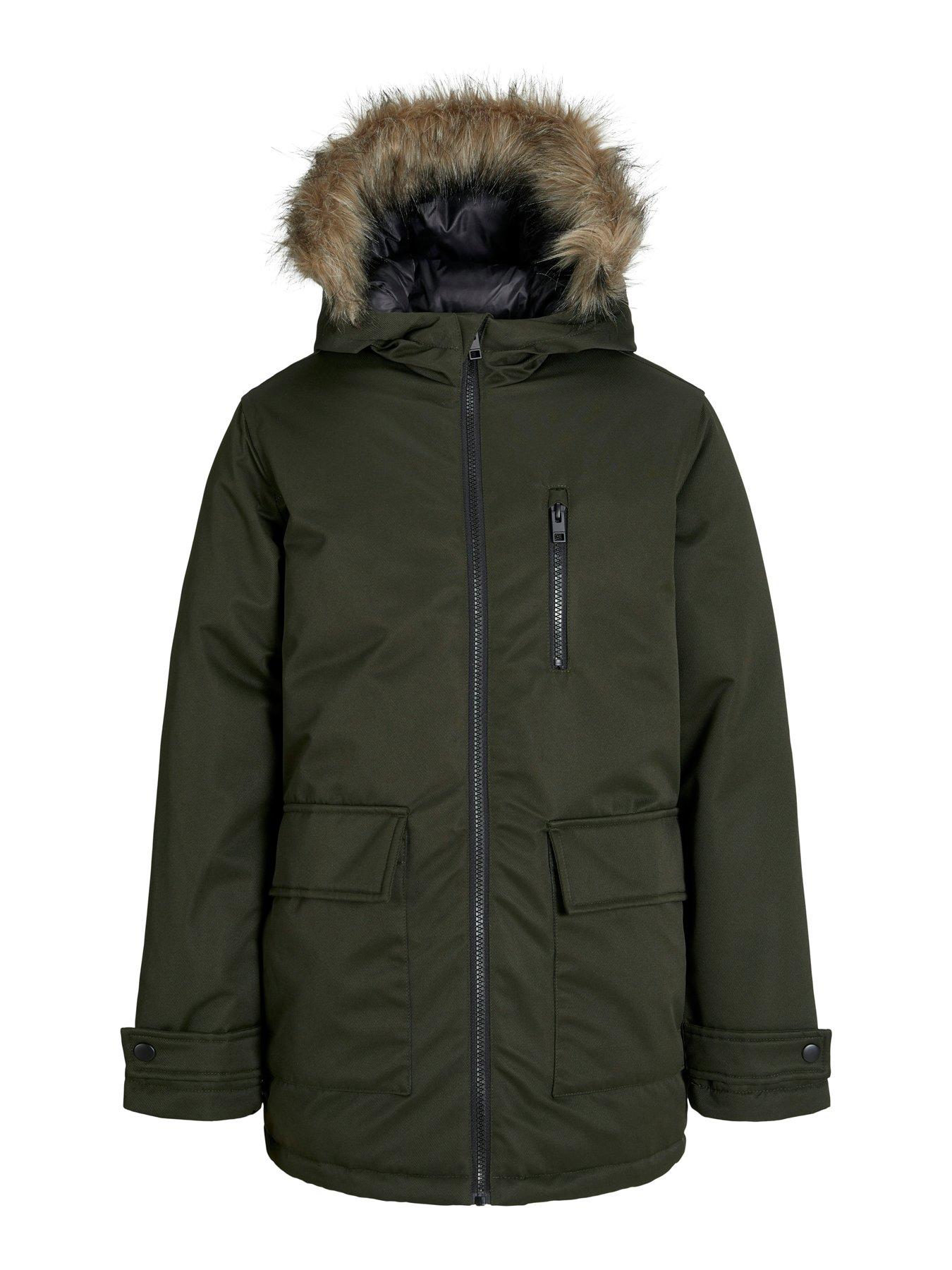  image of jack-jones-junior-boys-charlie-detachable-faux-fur-parka-khaki