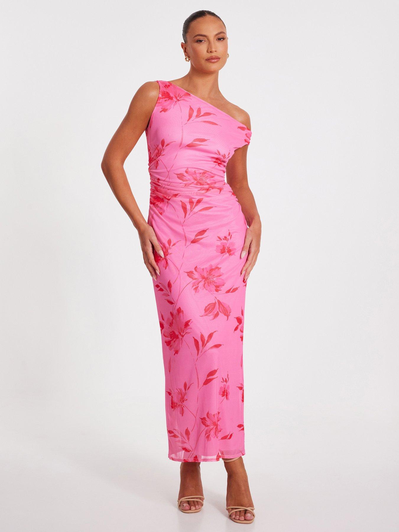 undefined Pink Mesh Floral Print Midaxi Dress