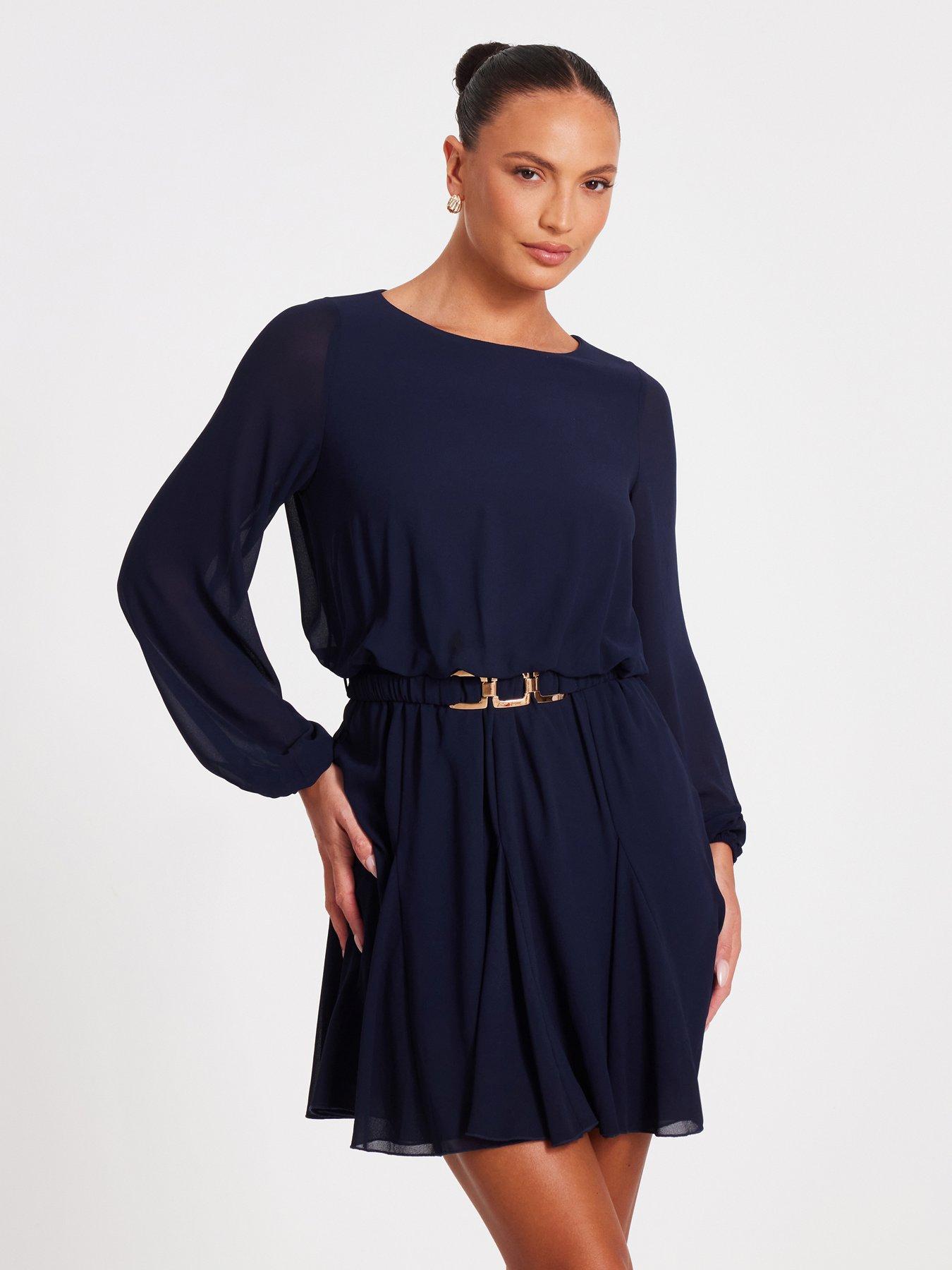 quiz-navy-chiffon-long-sleeve-skater-dress