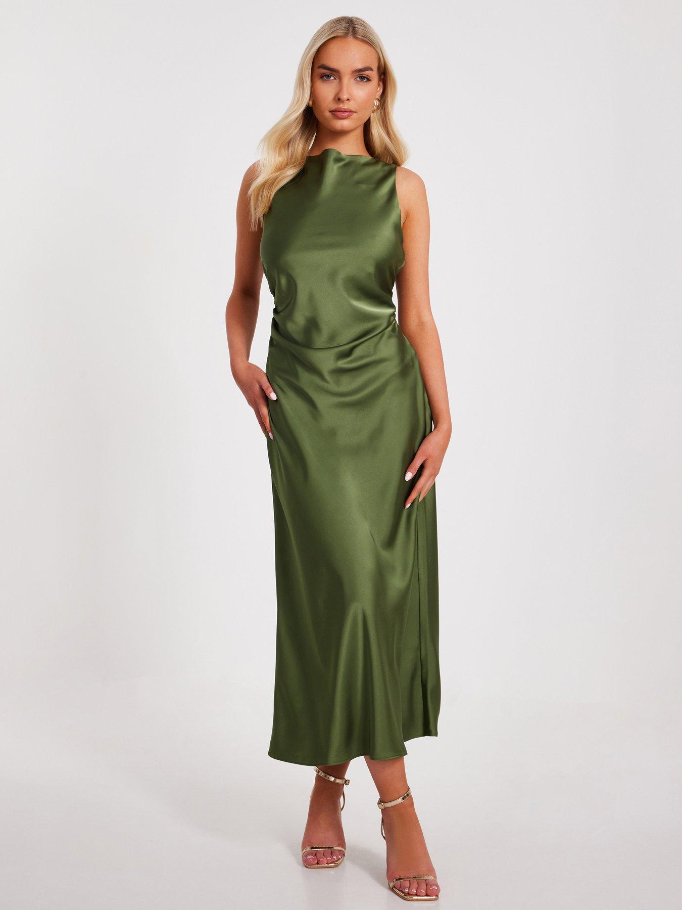 undefined Khaki Satin Ruched Midi Dress