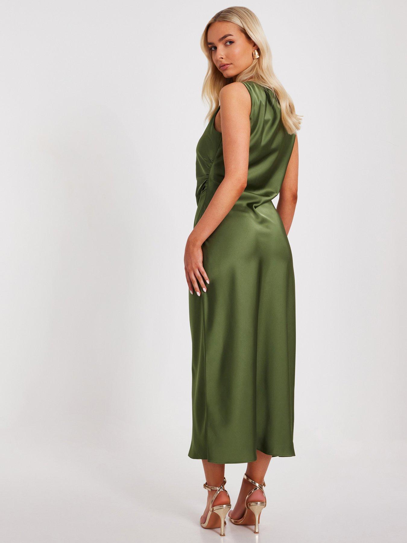  image of quiz-khaki-satin-ruched-midi-dress