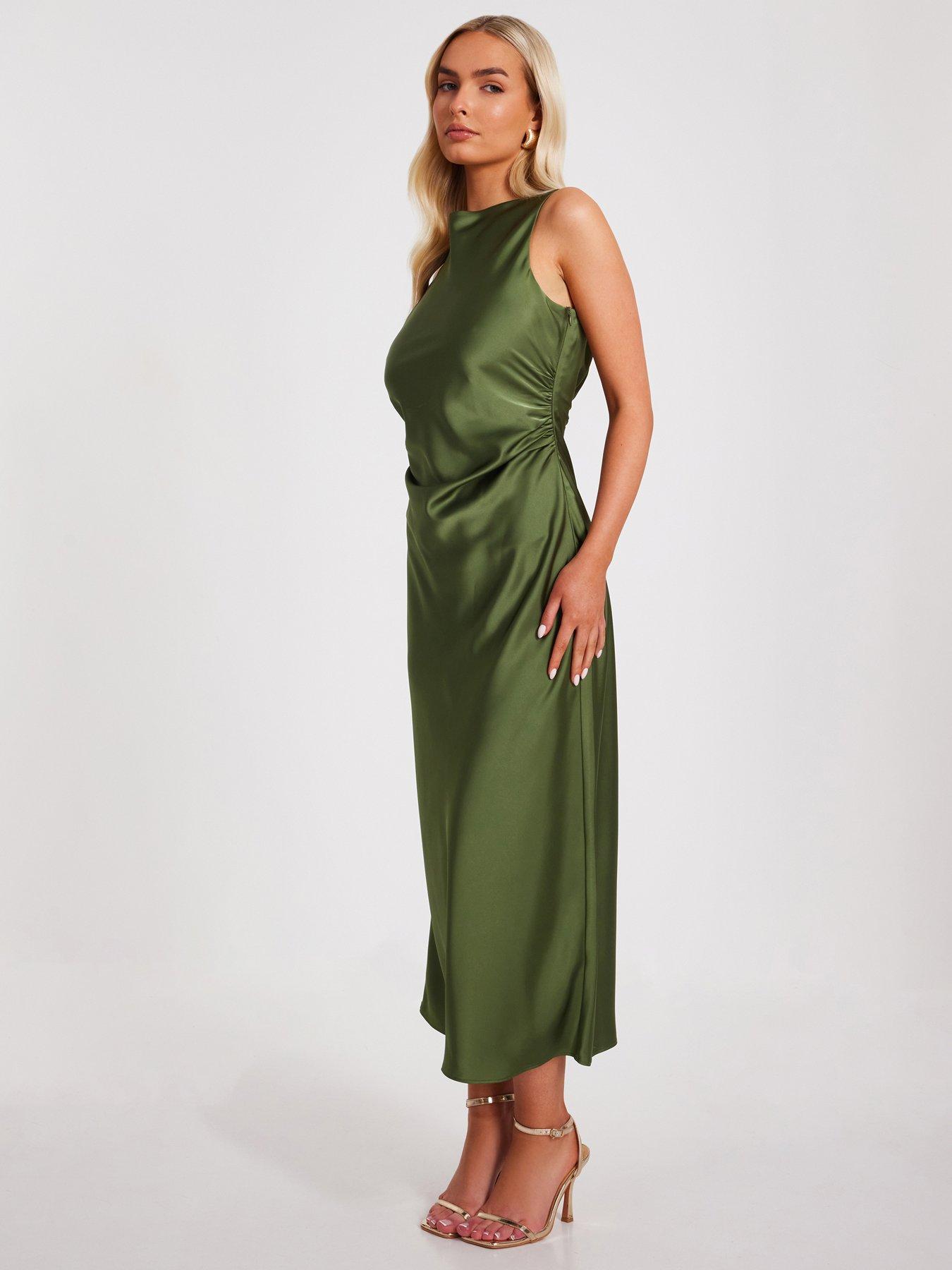  image of quiz-khaki-satin-ruched-midi-dress