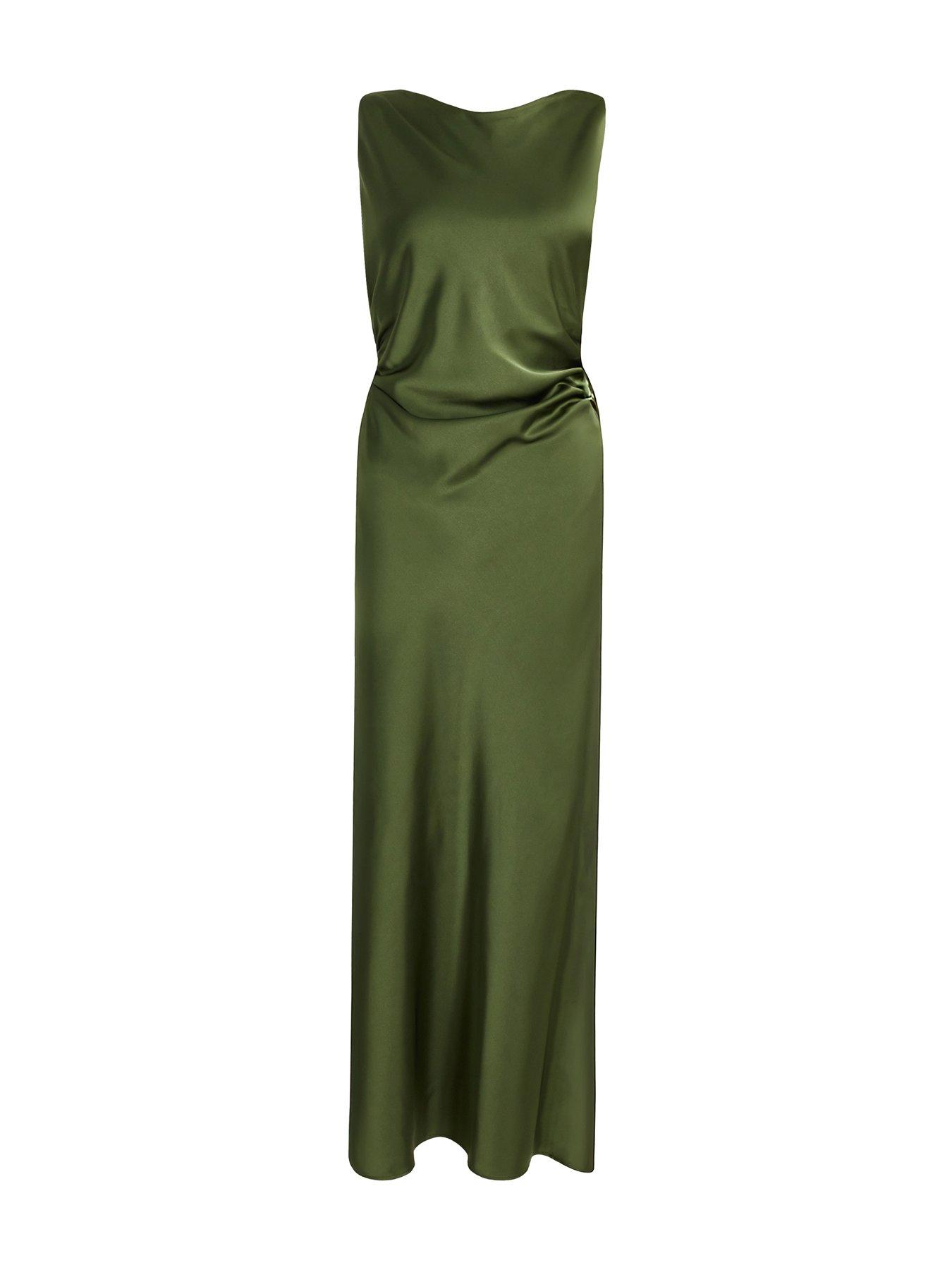  image of quiz-khaki-satin-ruched-midi-dress