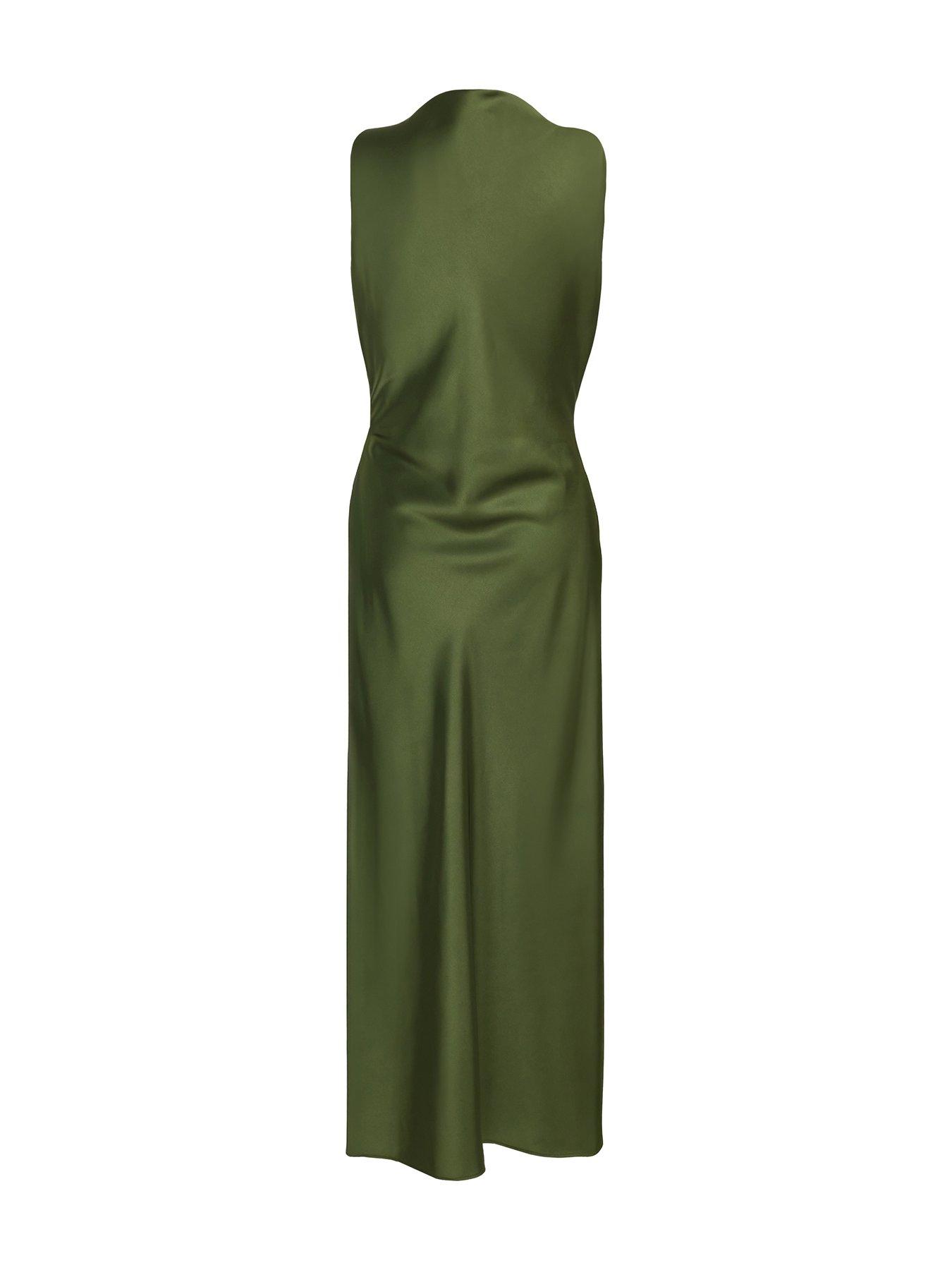  image of quiz-khaki-satin-ruched-midi-dress
