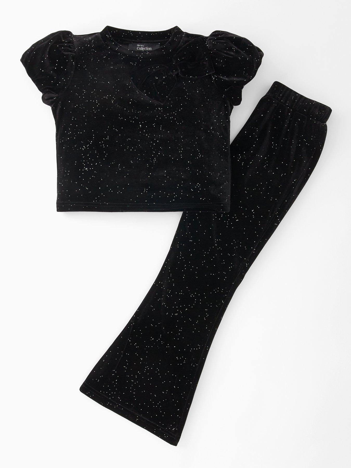 undefined Girls Bow Shoulder Velour Trouser Set - Black