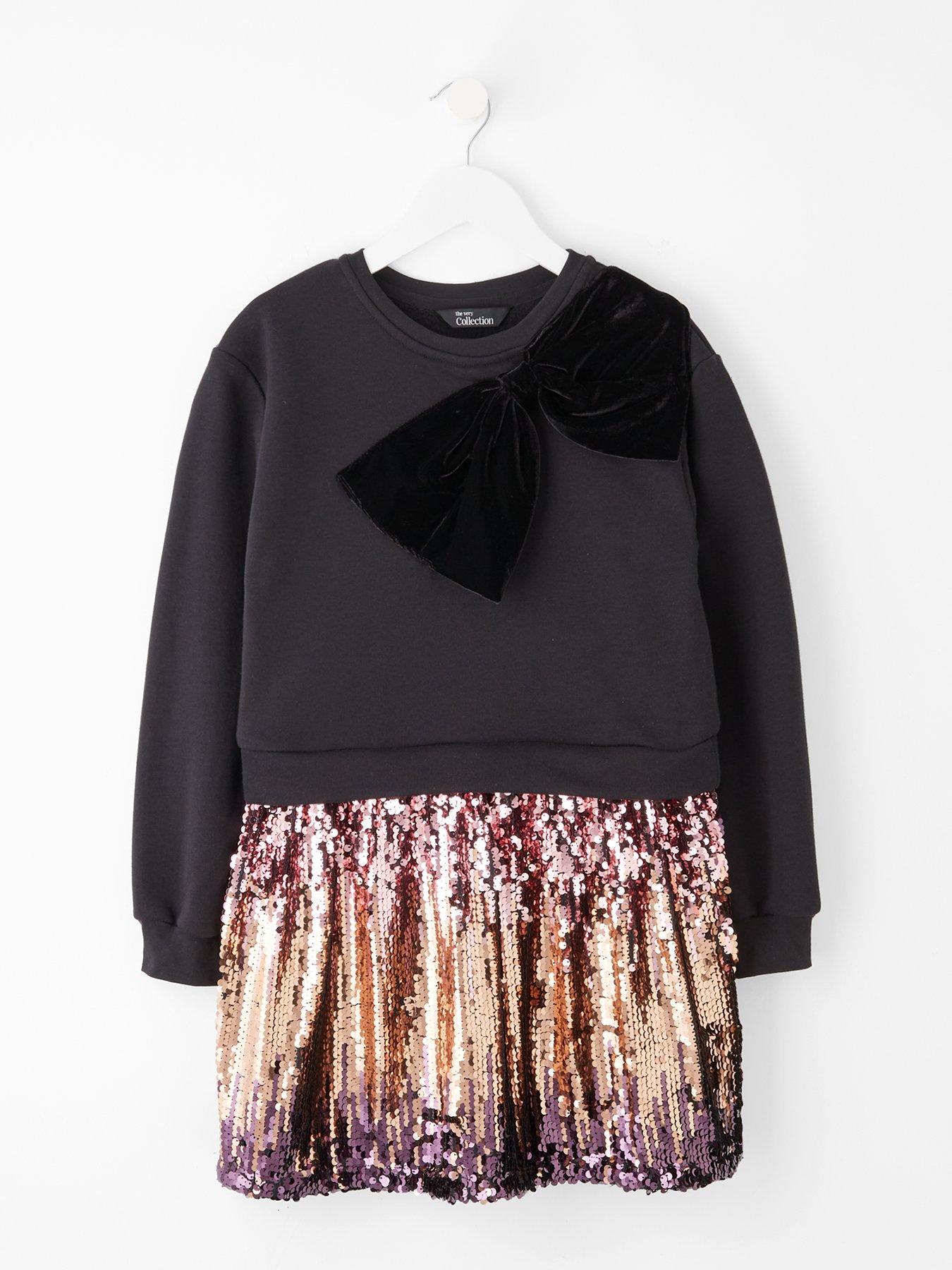 undefined Girls 2 In 1 Sequin and Sweat Dress with Shoulder Bow Detail - Black