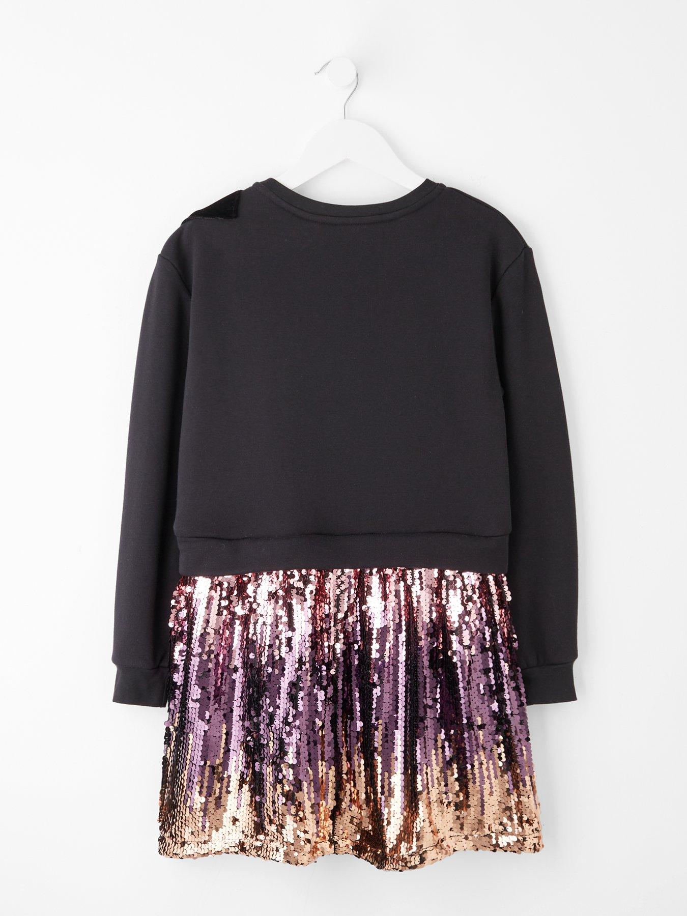 Image 2 of 5 of The Very Collection Girls 2 In 1 Sequin and Sweat Dress with Shoulder Bow Detail - Black