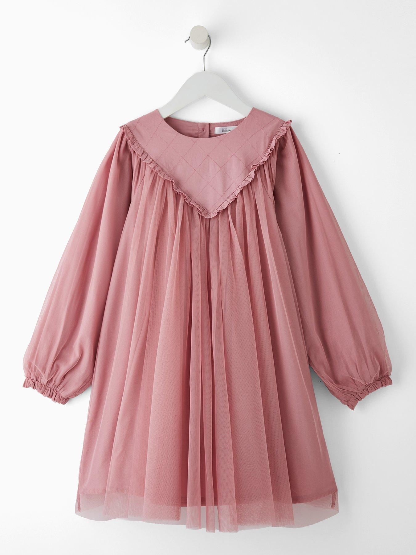 The Very Collection Girls Mesh Long Sleeve Dress - Pink
