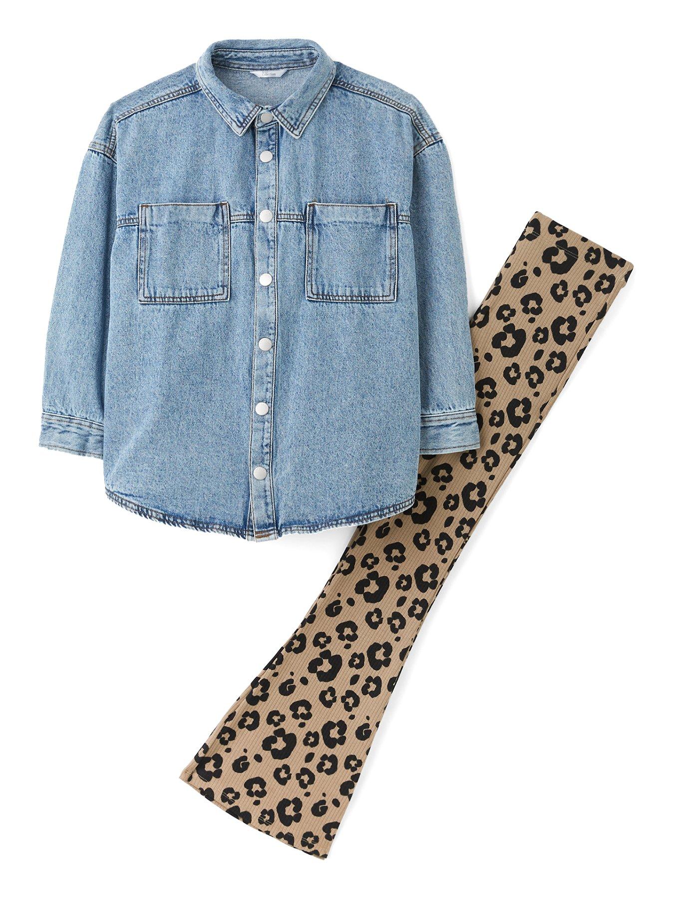  image of the-very-collection-girls-denim-shirt-and-animal-flare-legging-outfit-print
