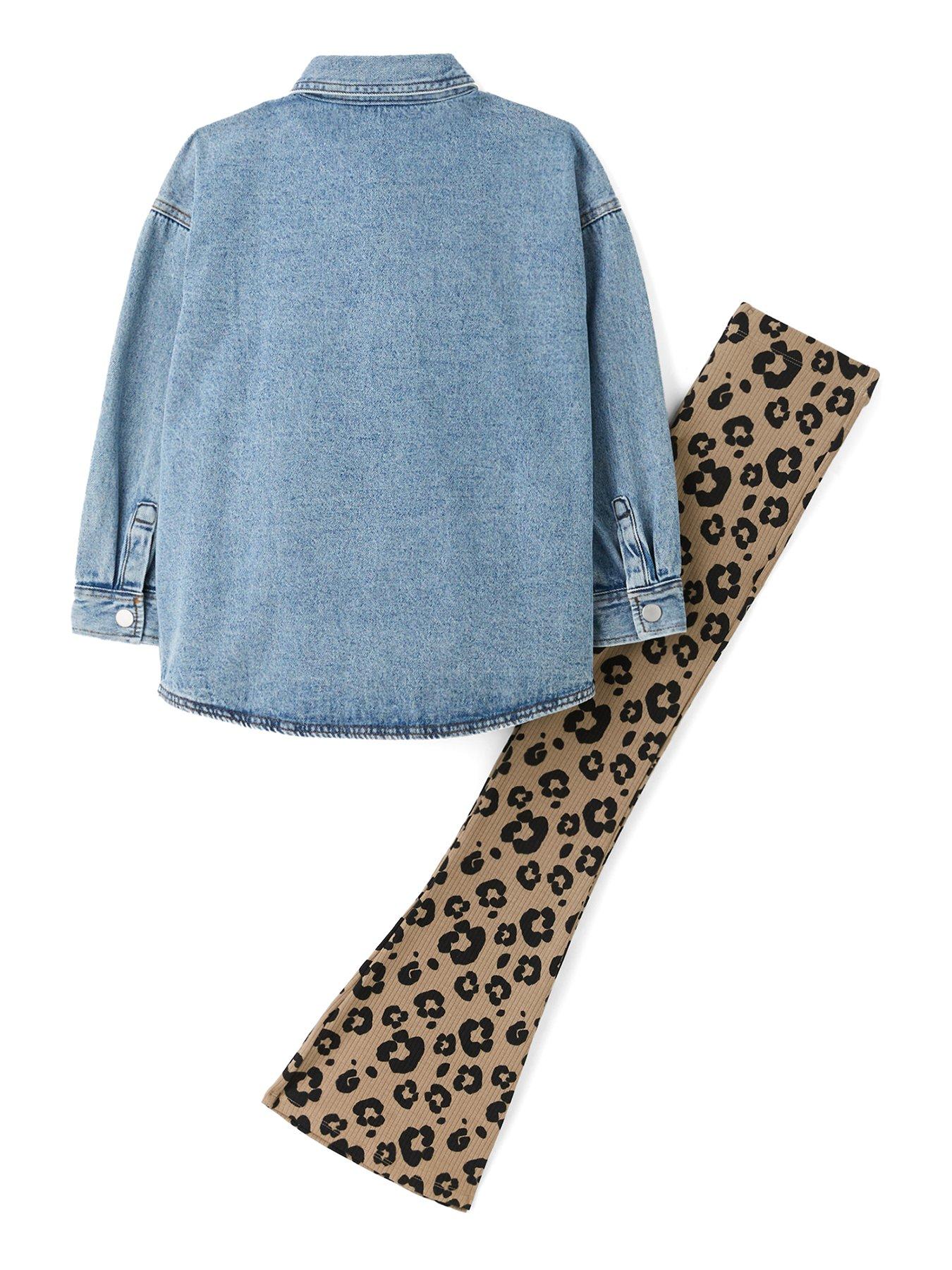  image of the-very-collection-girls-denim-shirt-and-animal-flare-legging-outfit-print