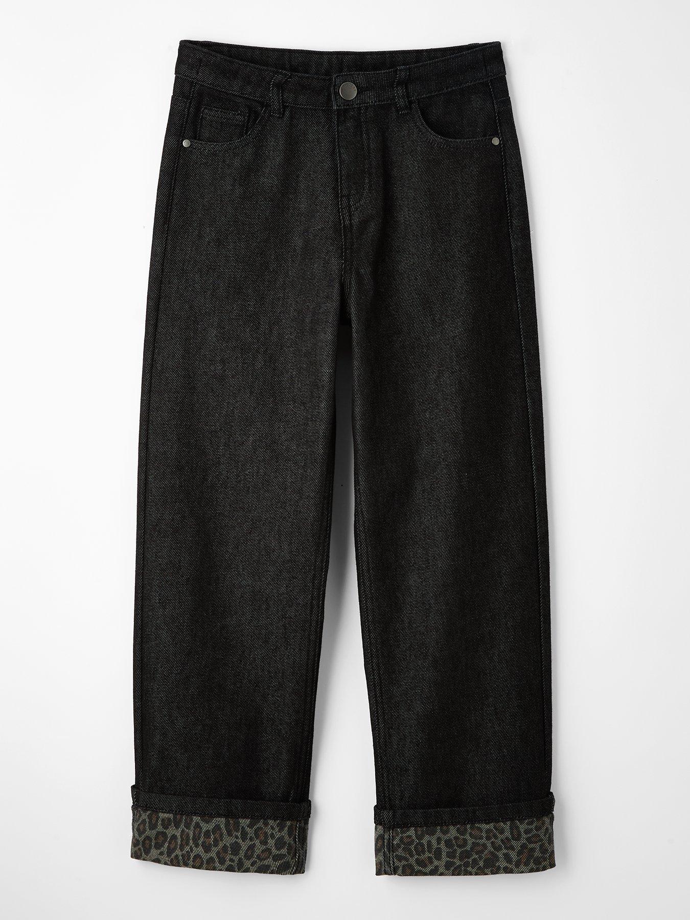 Image 1 of 5 of The Very Collection Girls Fold Up Hem With Leopard Print Detail Straight Leg Jeans - Black