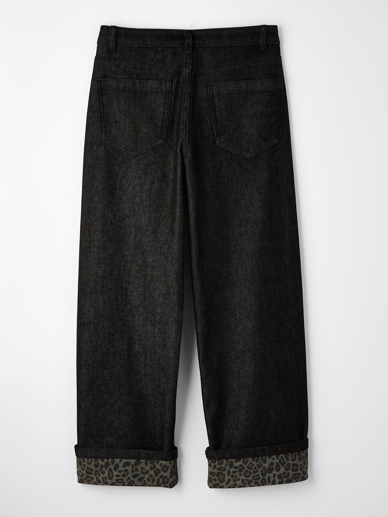 Image 2 of 5 of The Very Collection Girls Fold Up Hem With Leopard Print Detail Straight Leg Jeans - Black
