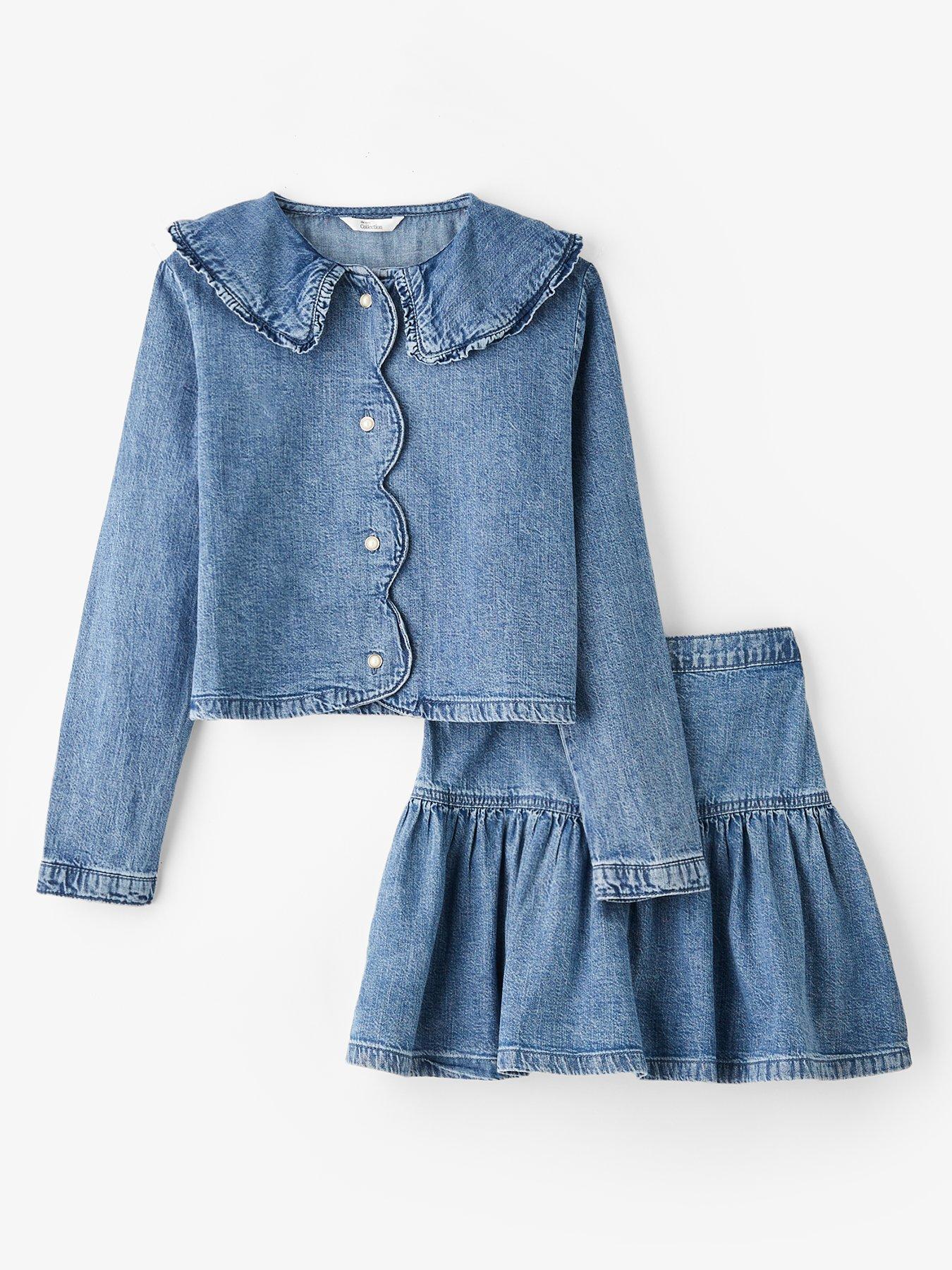 Image 1 of 4 of The Very Collection Girls Denim Shirt With Frill Collar And Button Up Skirt Outfit - Mid Wash