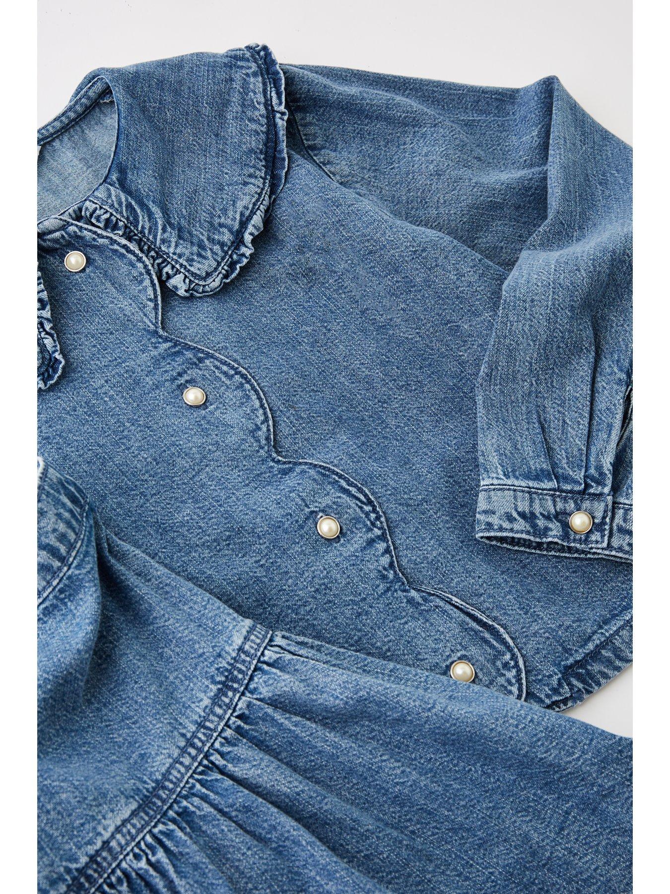 Image 3 of 4 of The Very Collection Girls Denim Shirt With Frill Collar And Button Up Skirt Outfit - Mid Wash