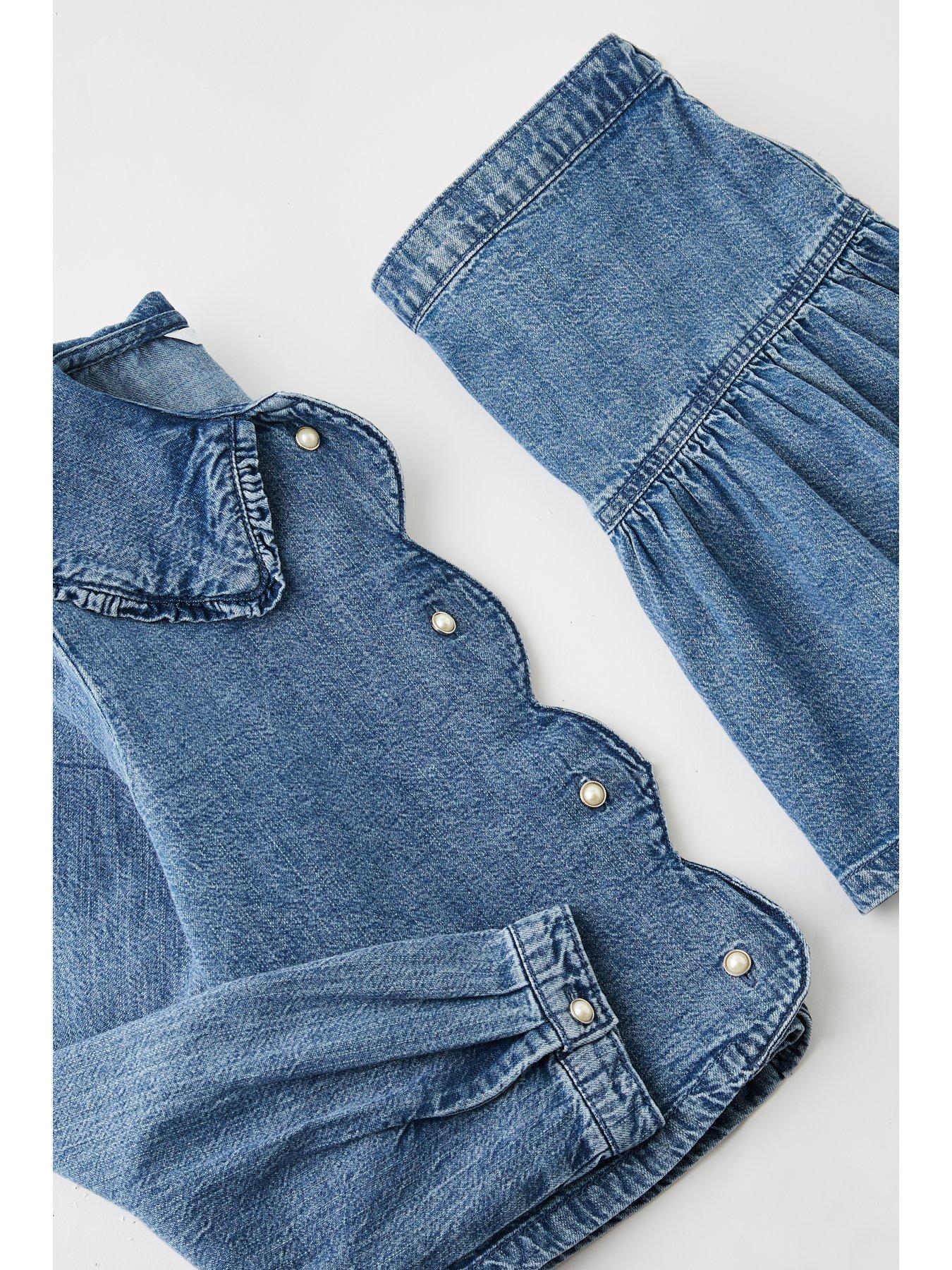 Image 4 of 4 of The Very Collection Girls Denim Shirt With Frill Collar And Button Up Skirt Outfit - Mid Wash